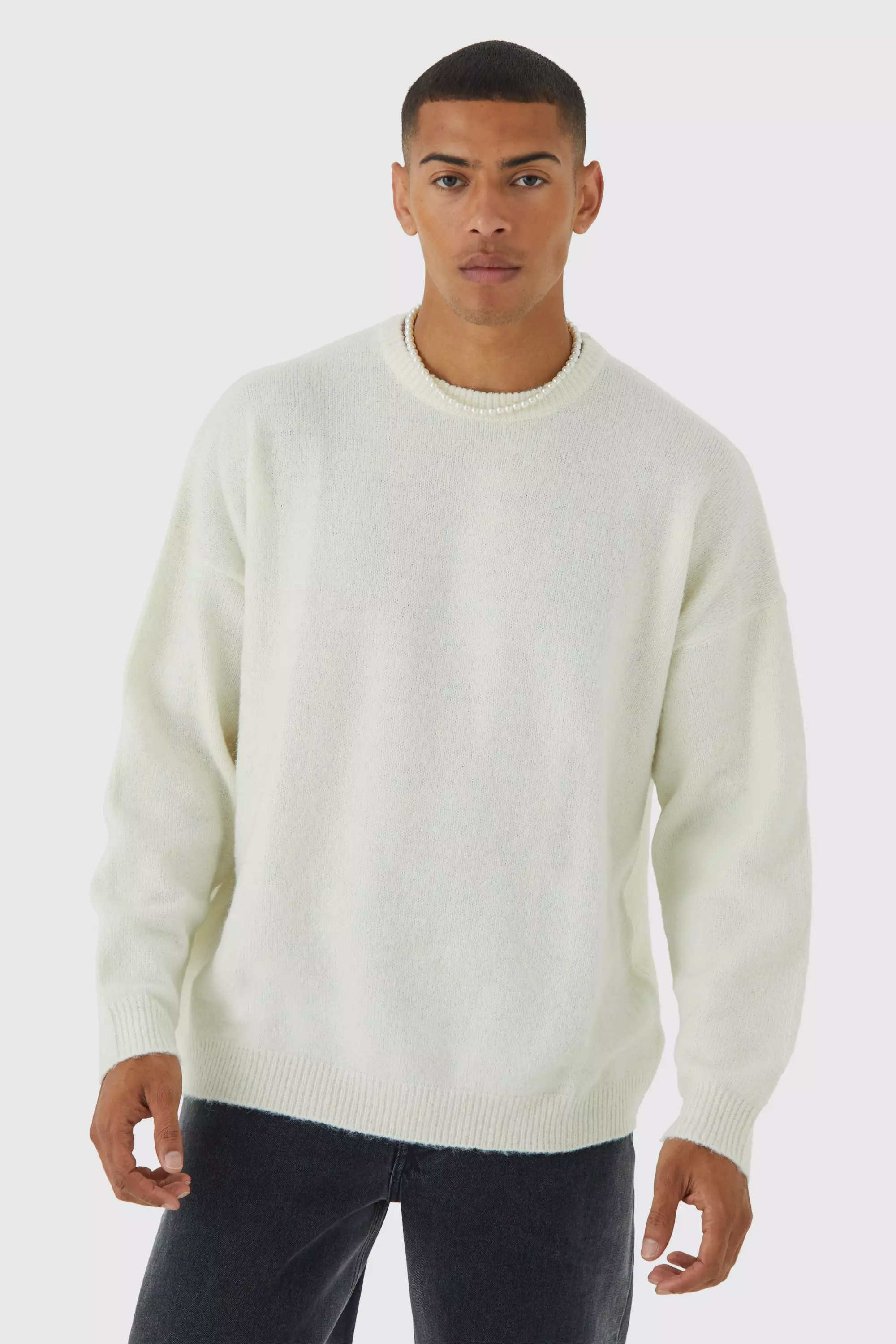Cream White Oversized Brushed Yarn Crew Neck Sweater