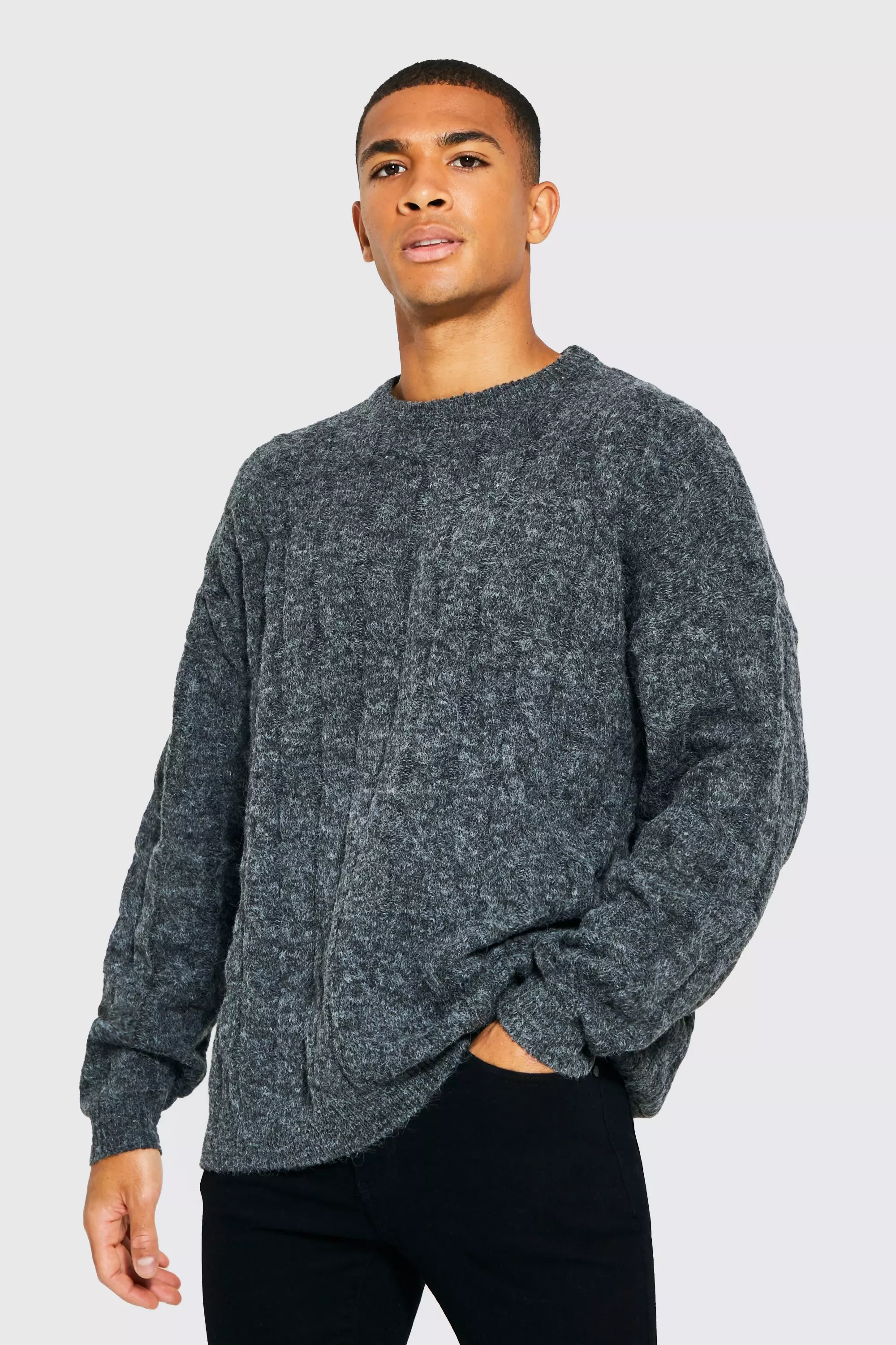 Charcoal Grey Oversized Cable Brushed Yarn Knitted Sweater