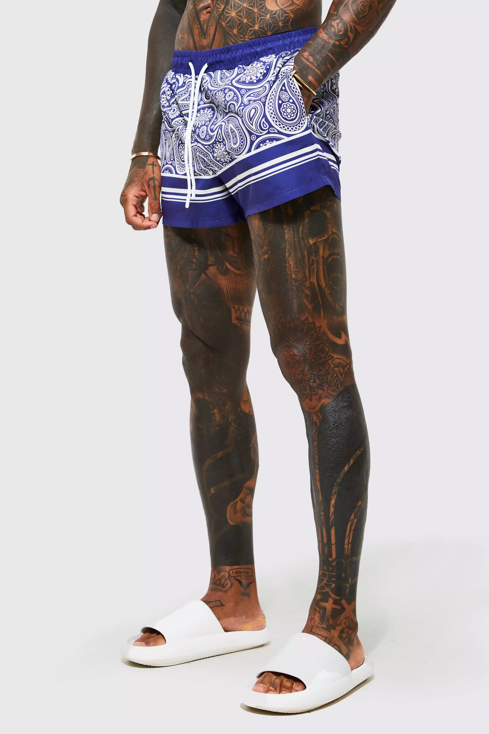 Short Length Purple Paisley Swim Shorts | boohooMAN USA
