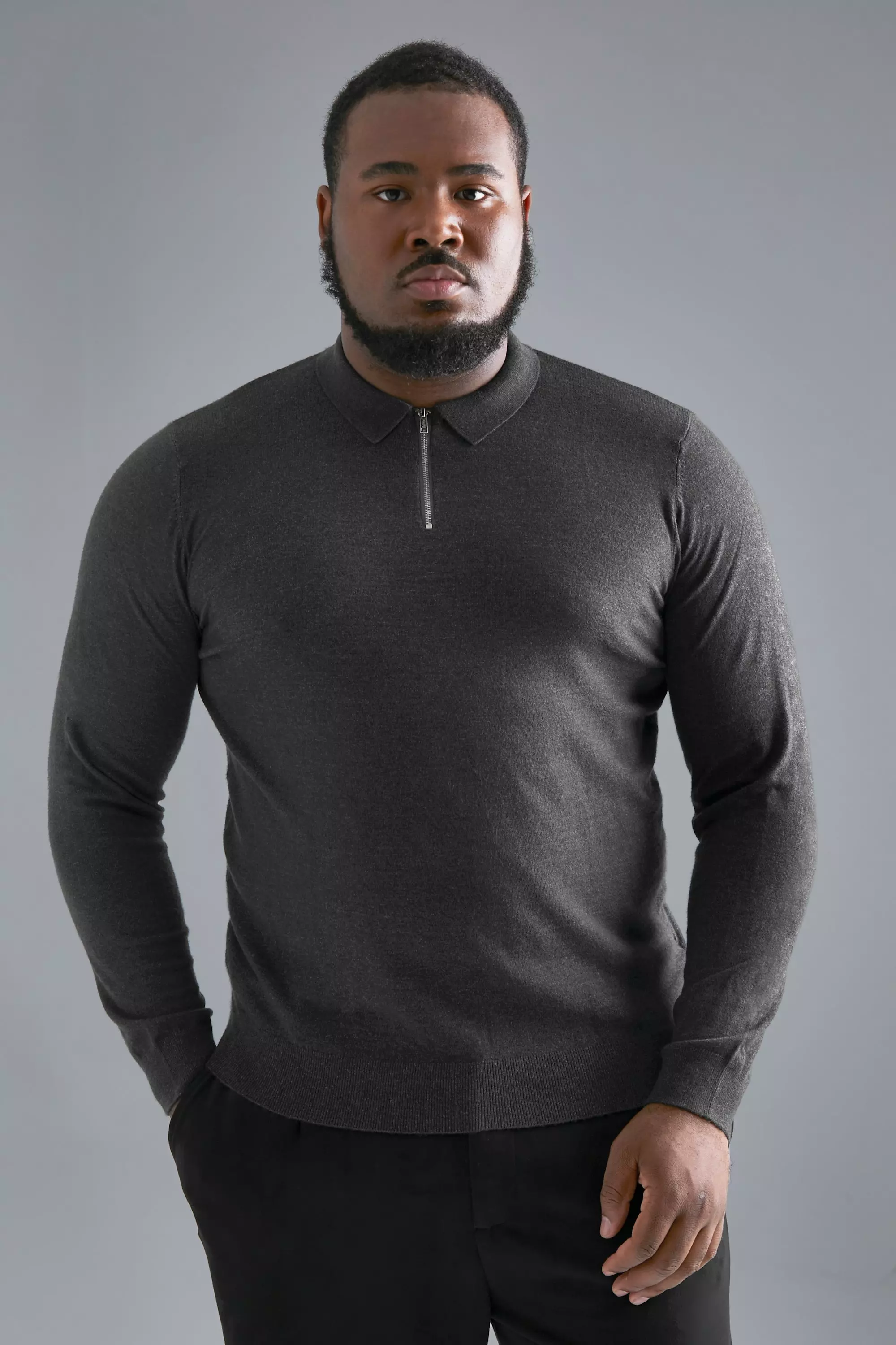 Plus Long Sleeve Half Zip Polo Charcoal