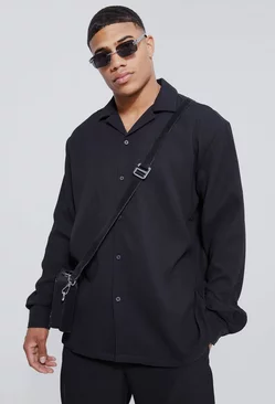 Black Long Sleeve Revere Oversized Pleated Shirt