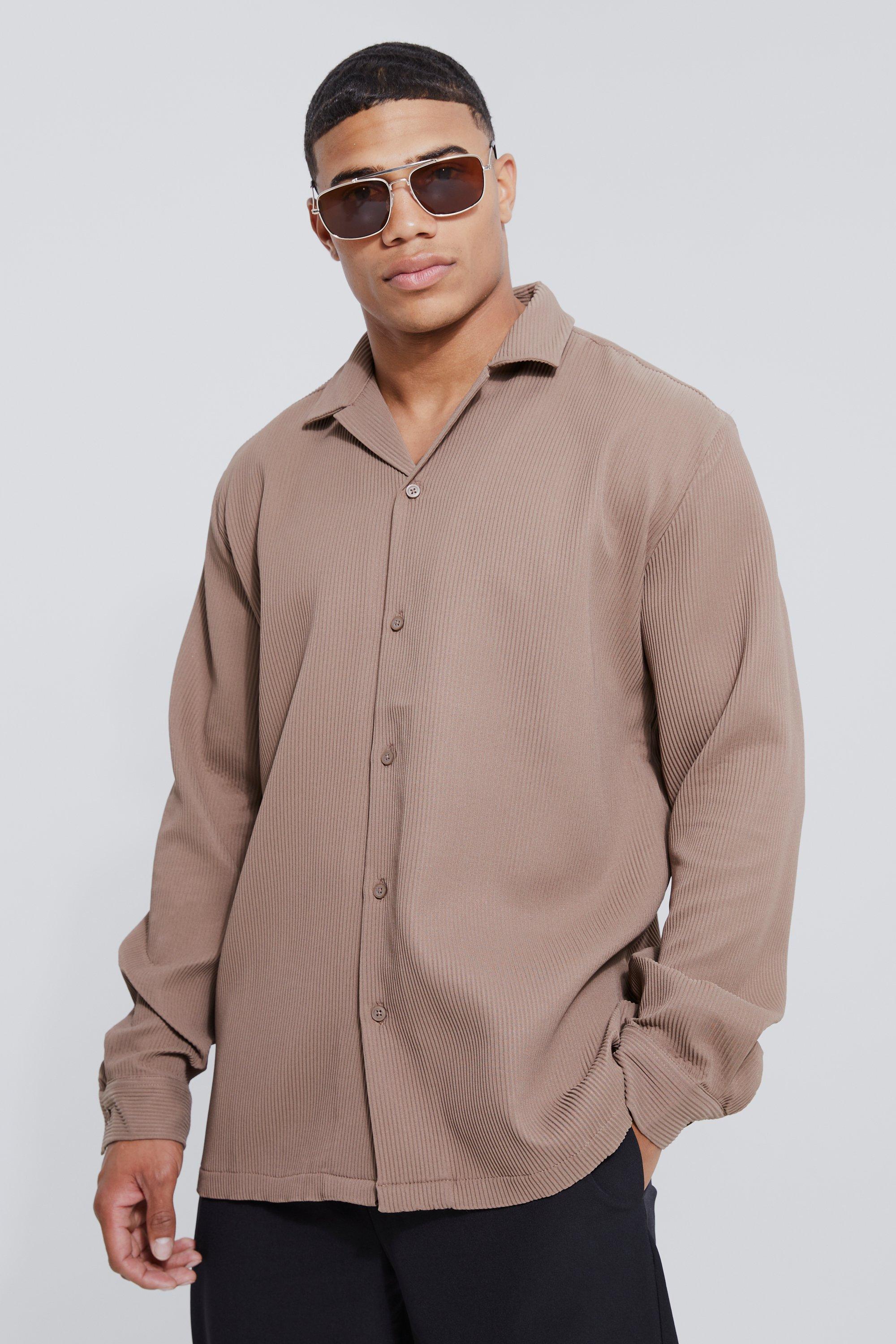 Long Sleeve Oversized Revere Pleated Shirt | boohooMAN USA