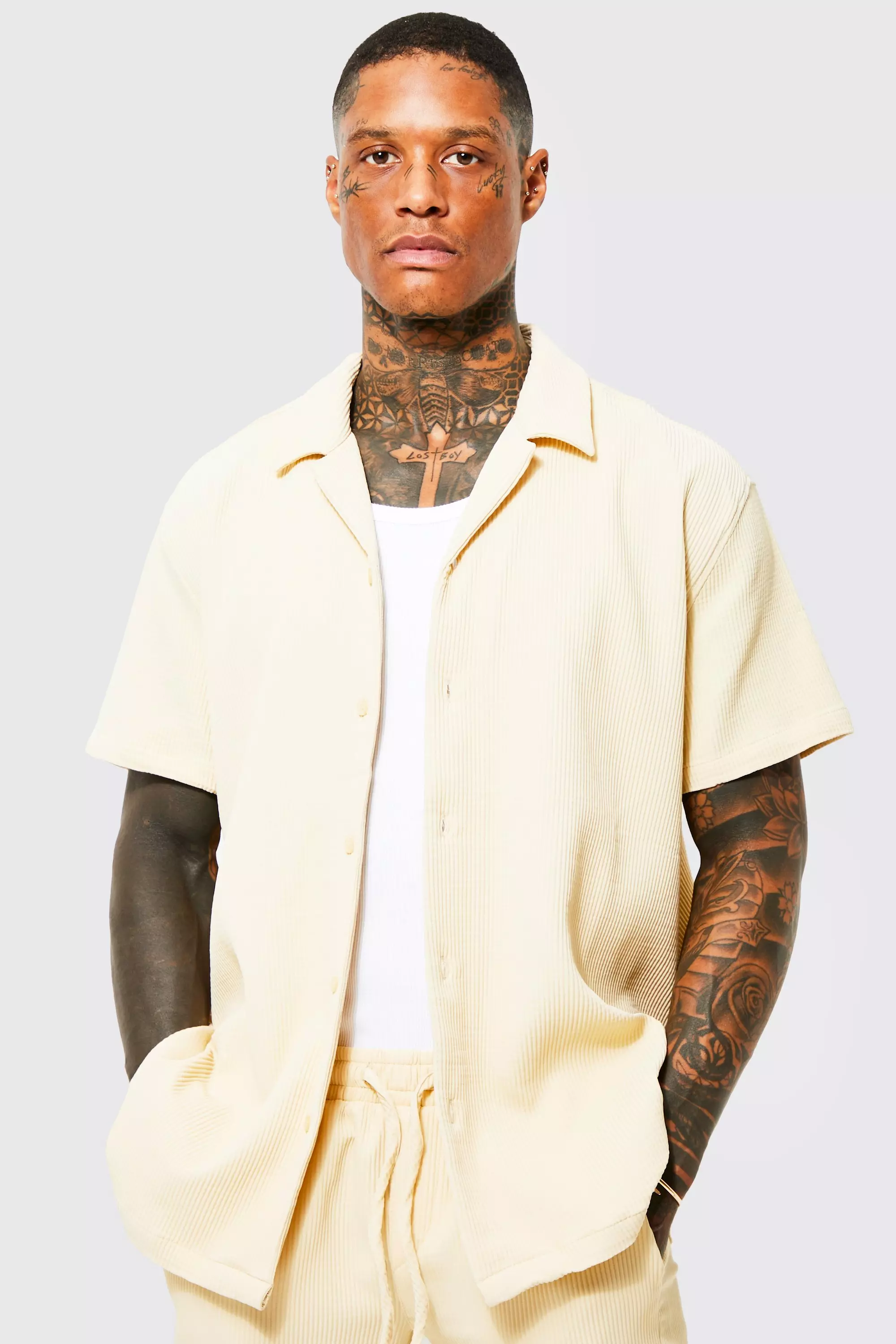 Short Sleeve Revere Oversized Pleated Shirt Taupe