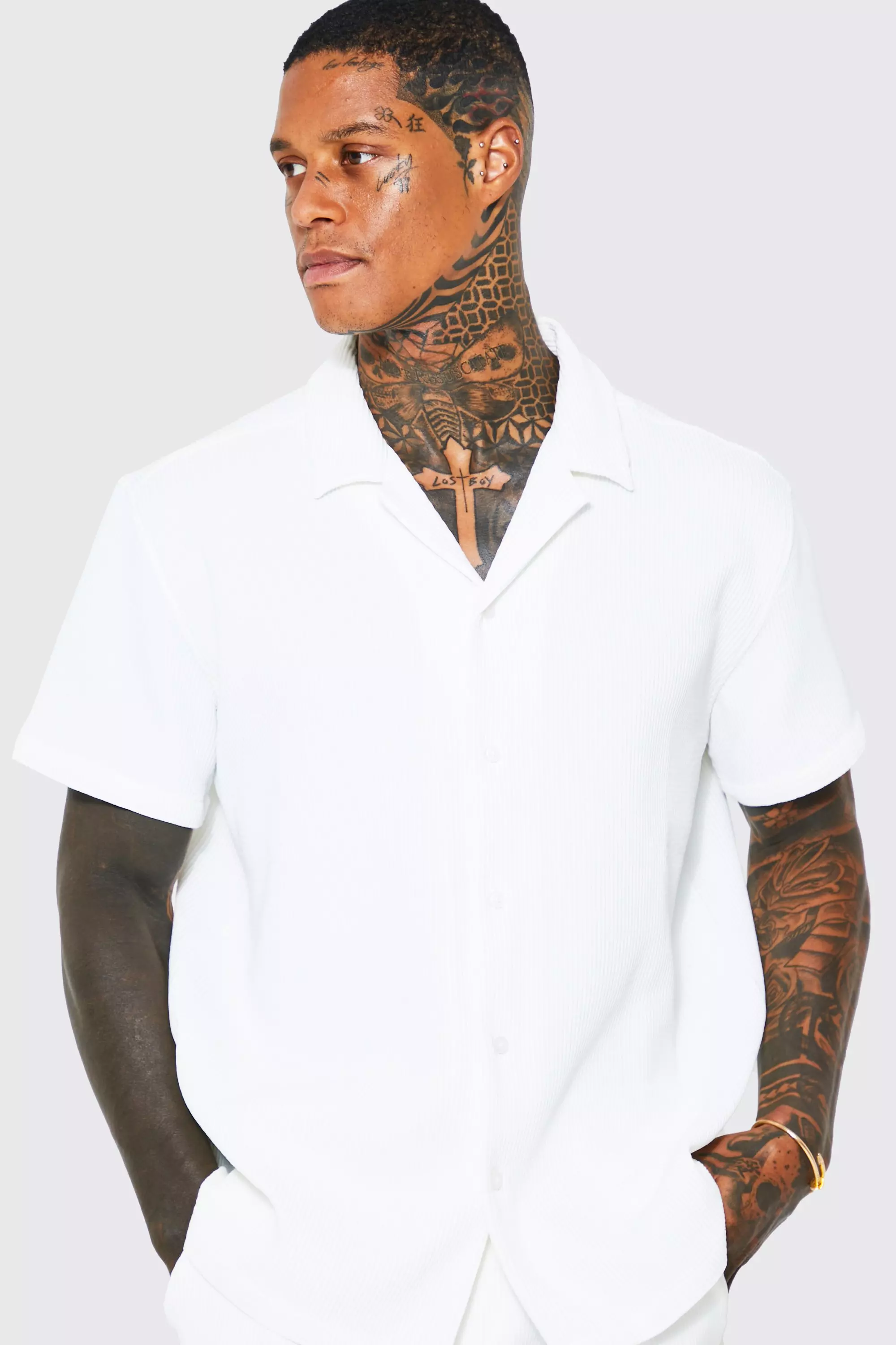 White Oversized Short Sleeve Pleated Shirt And Short alternative image
