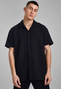 Black Short Sleeve Revere Oversized Pleated Shirt