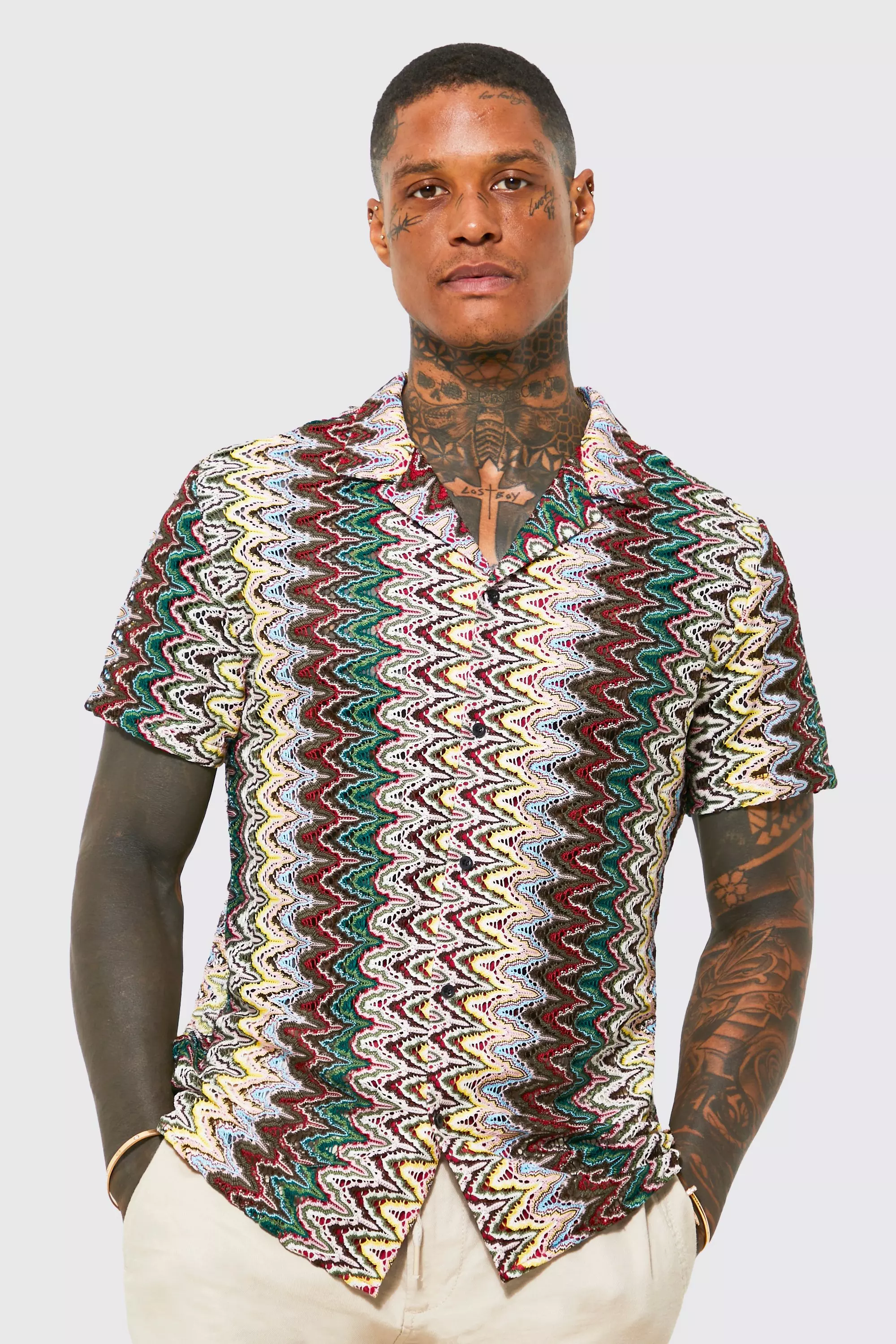 Short Sleeve Revere Crochet Shirt | boohooMAN USA