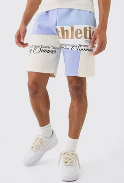 Blue Loose Fit Graphic Patchwork Jersey Shorts