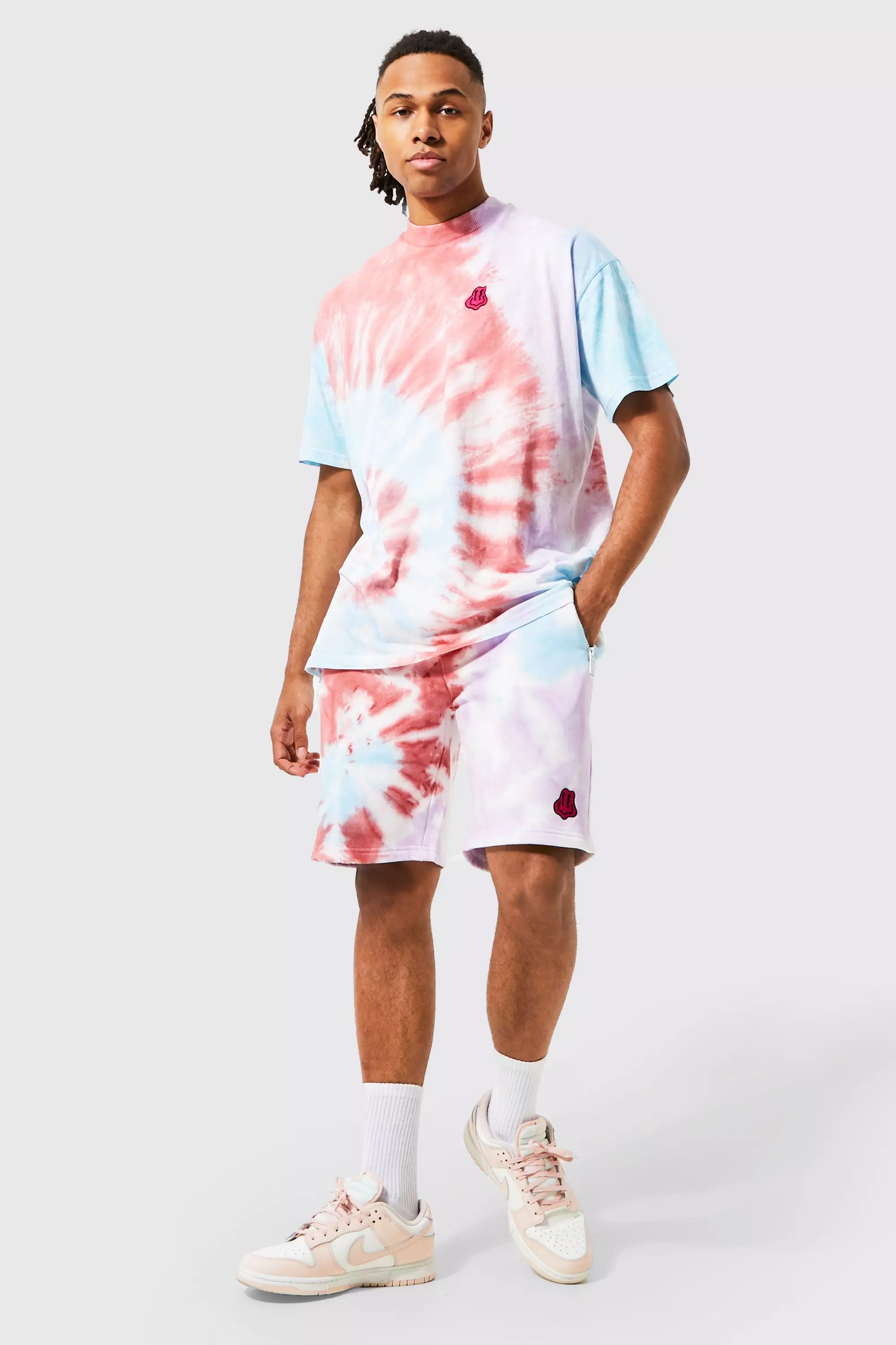 Pink Oversized Drip Face Tie Dye Short Set