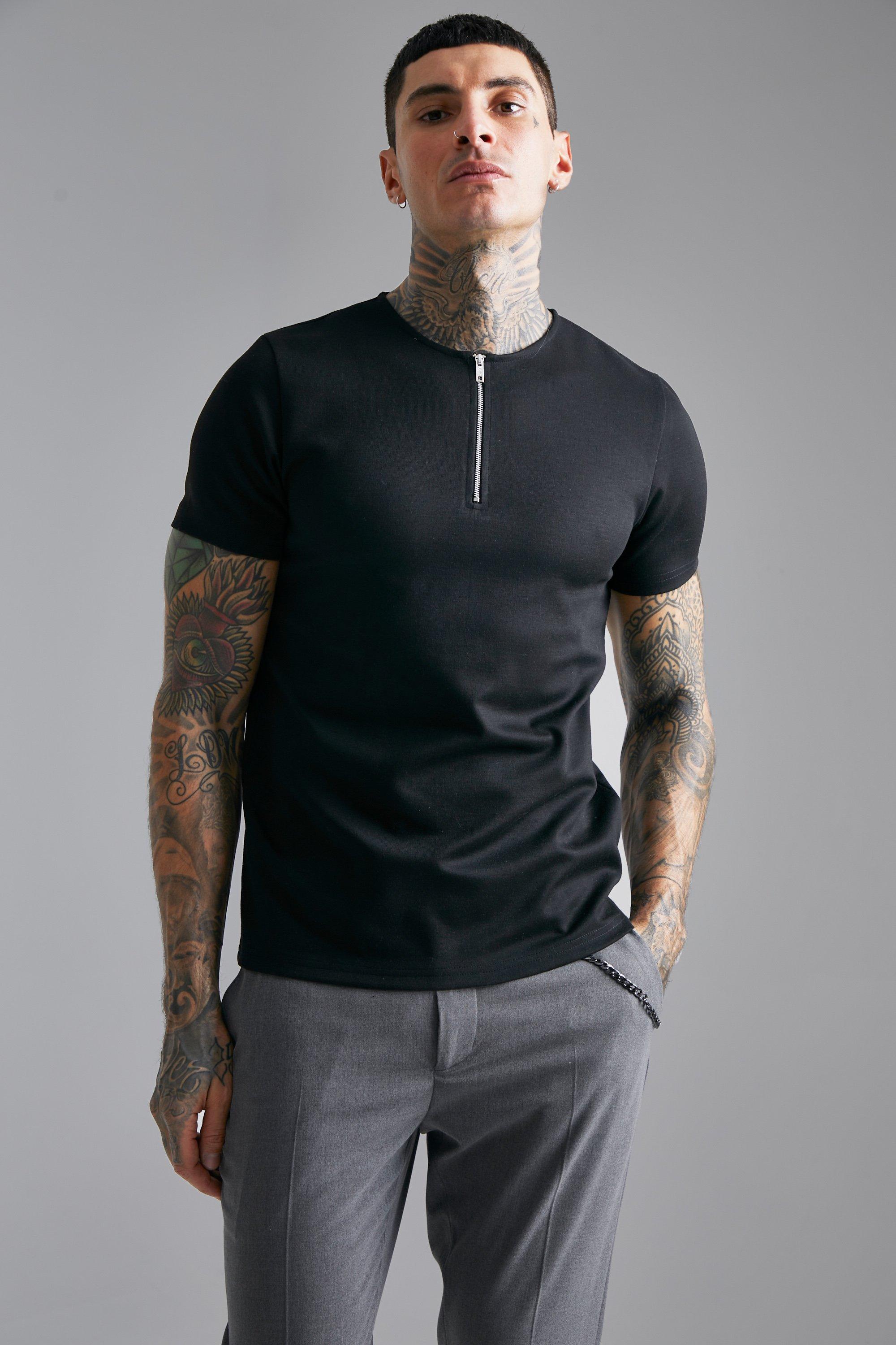 boohooMAN Collarless Slim Fit Zip Polo