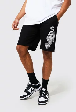 Relaxed Fit Dragon Embroidered Shorts Black