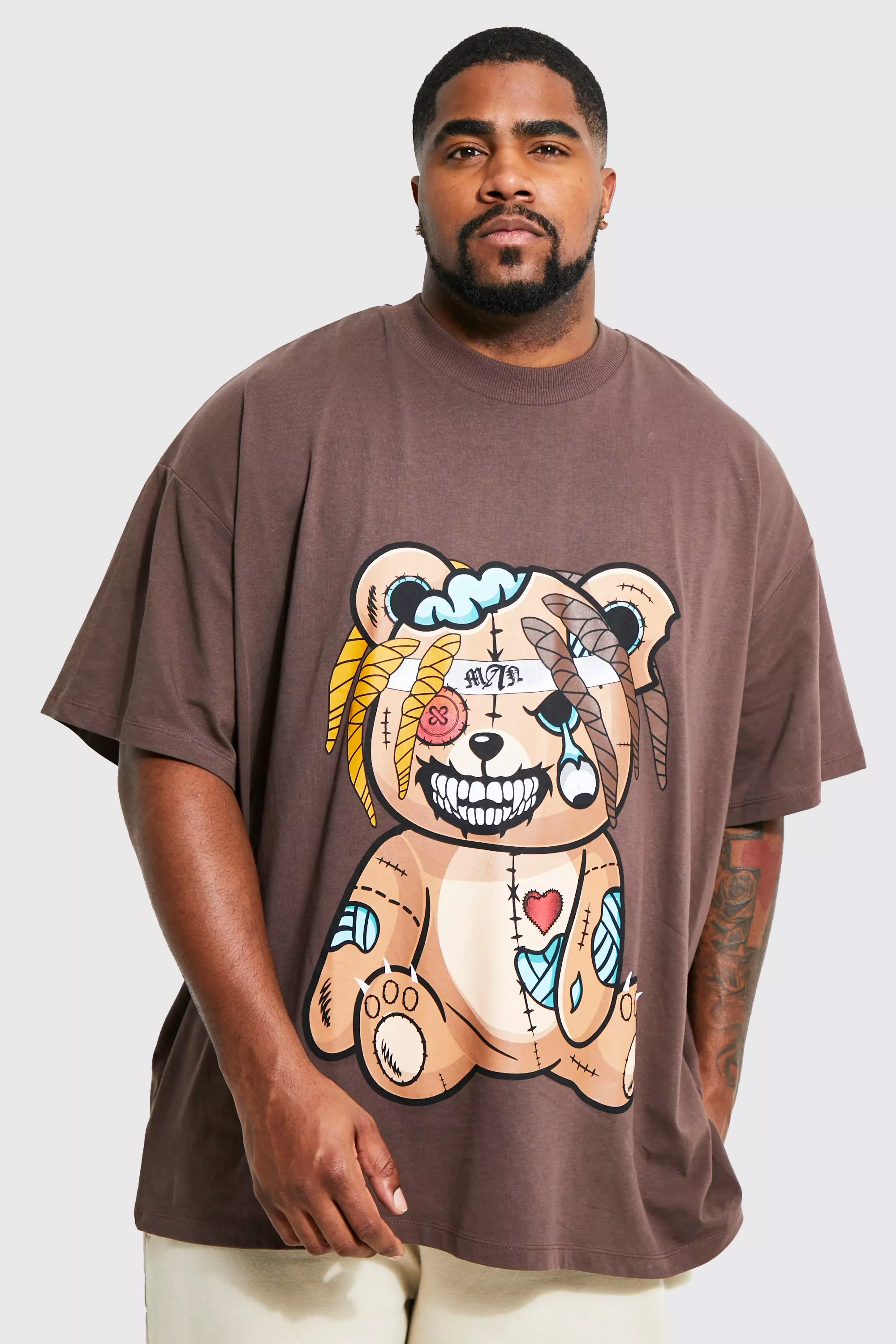 Plus Oversized Angry Teddy Graphic T-shirt Chocolate