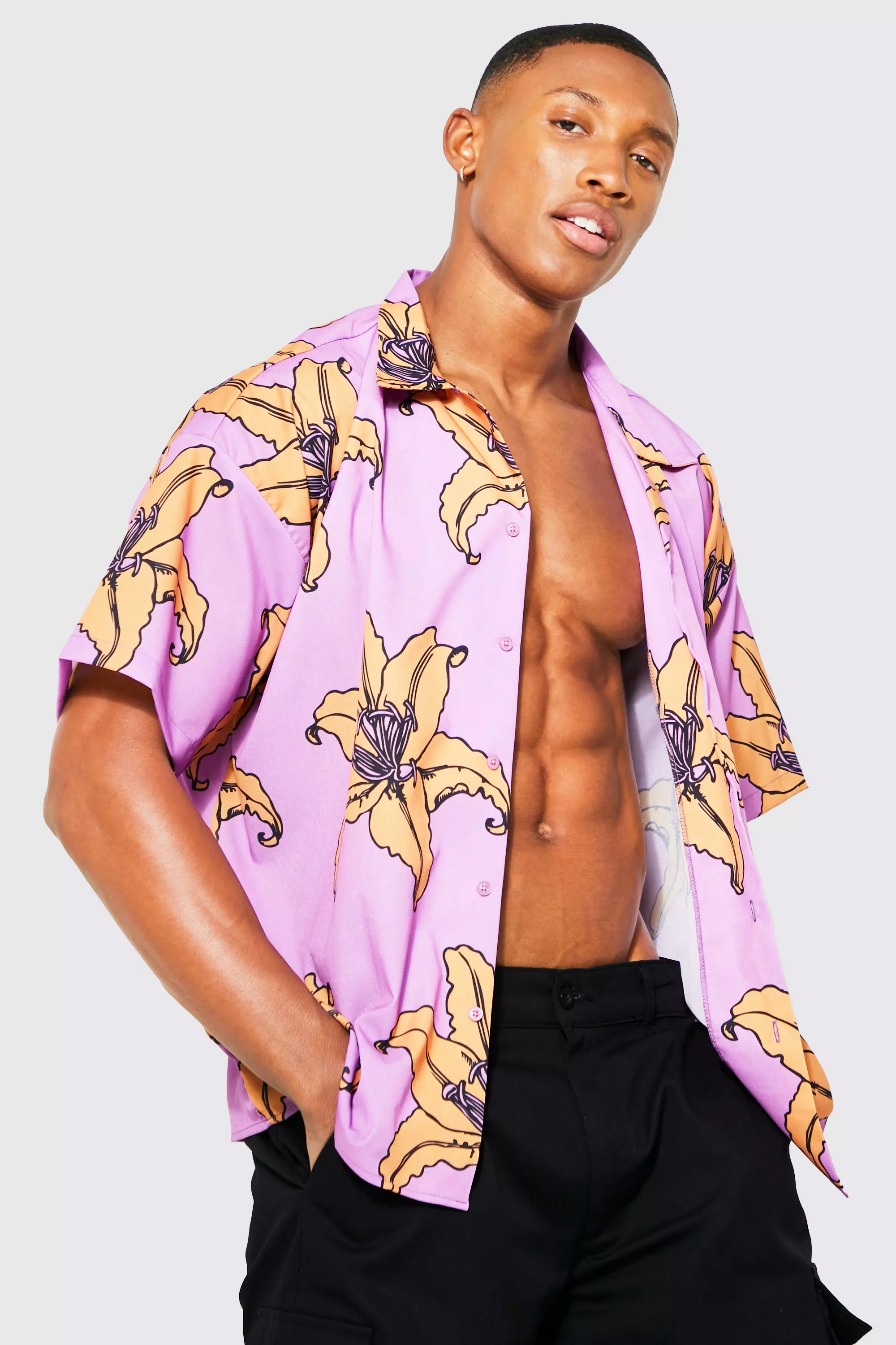 Boxy Floral Revere Shirt Bright lilac