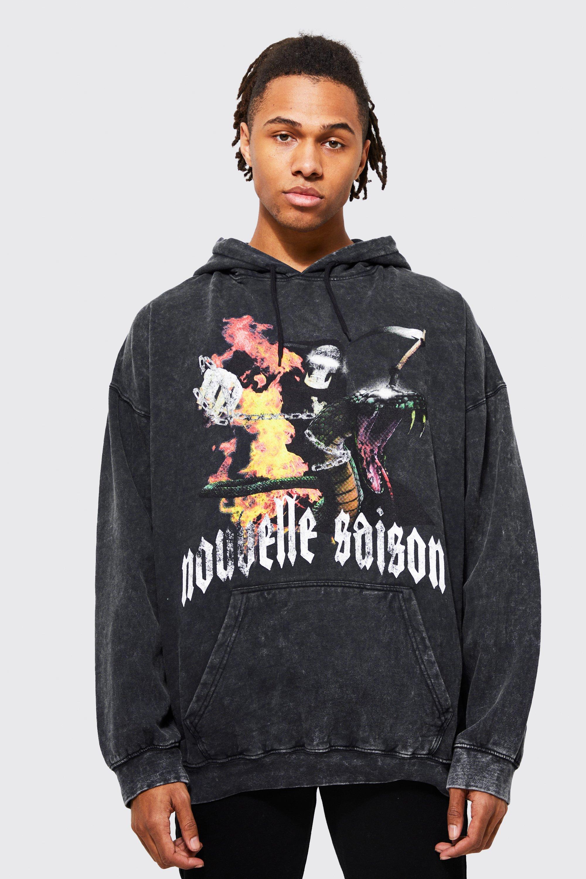 Oversized Nouvelle Saison Acid Wash Hoodie | boohooMAN USA