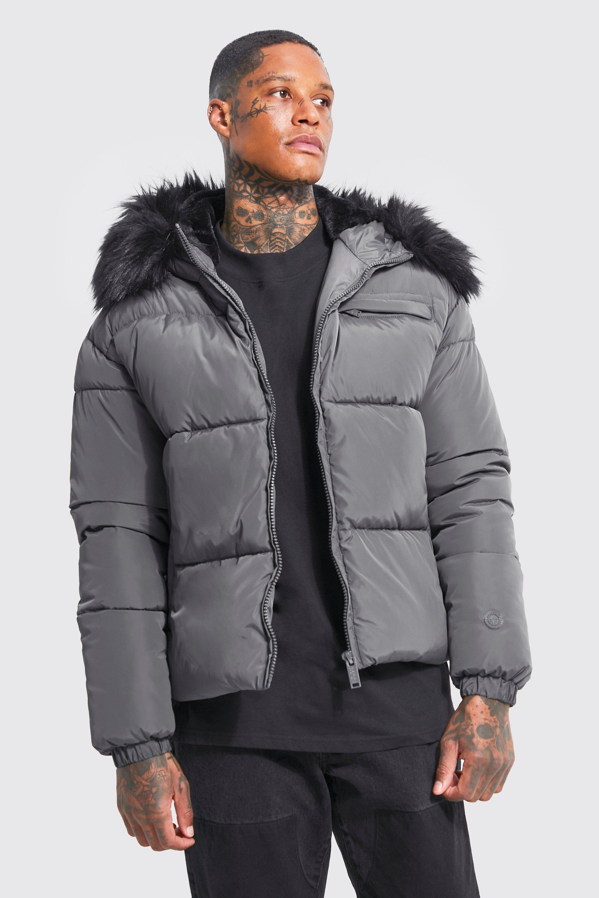 Grey Faux Fur Trim Hooded Puffer Jacket