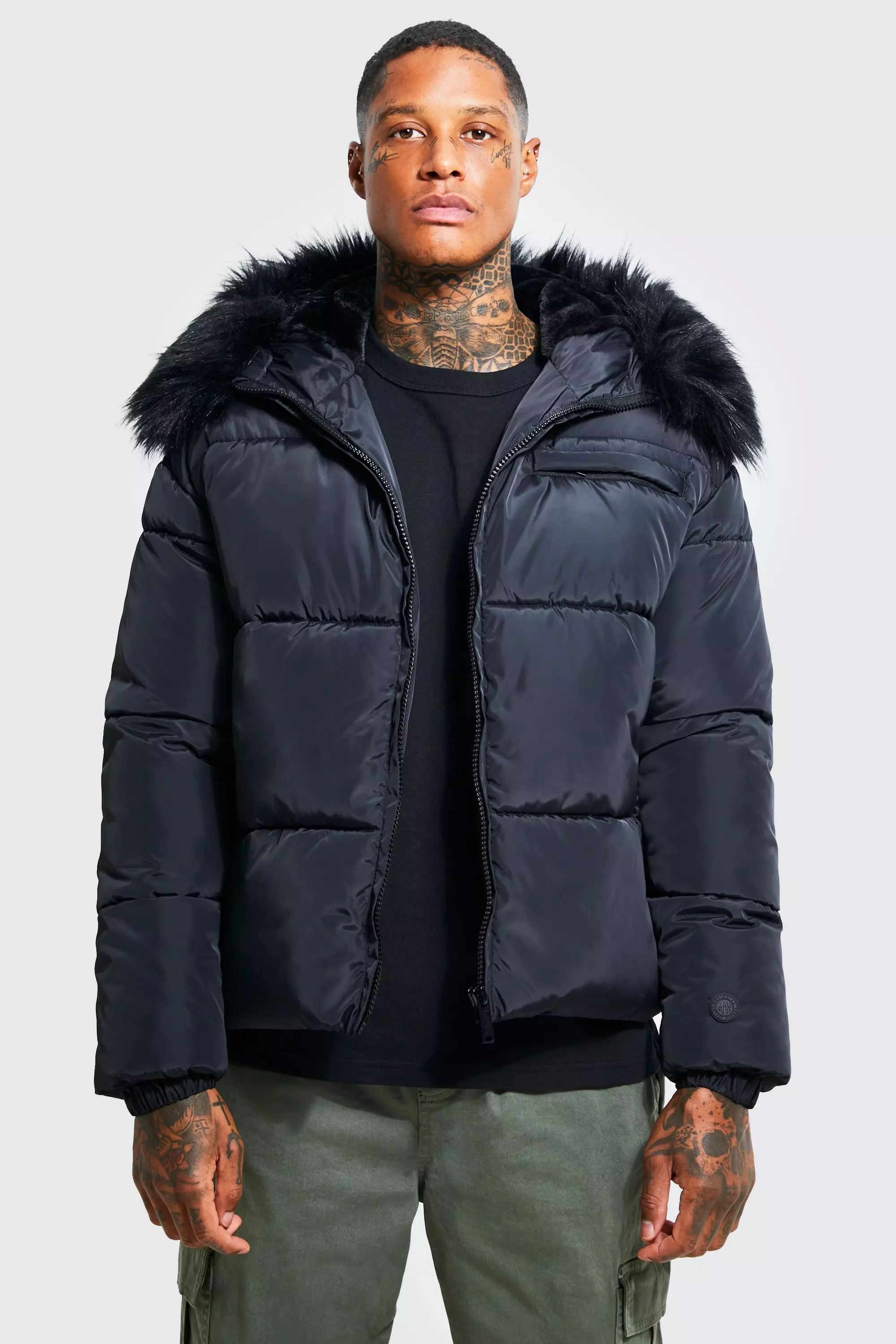 Black Faux Fur Trim Hooded Puffer