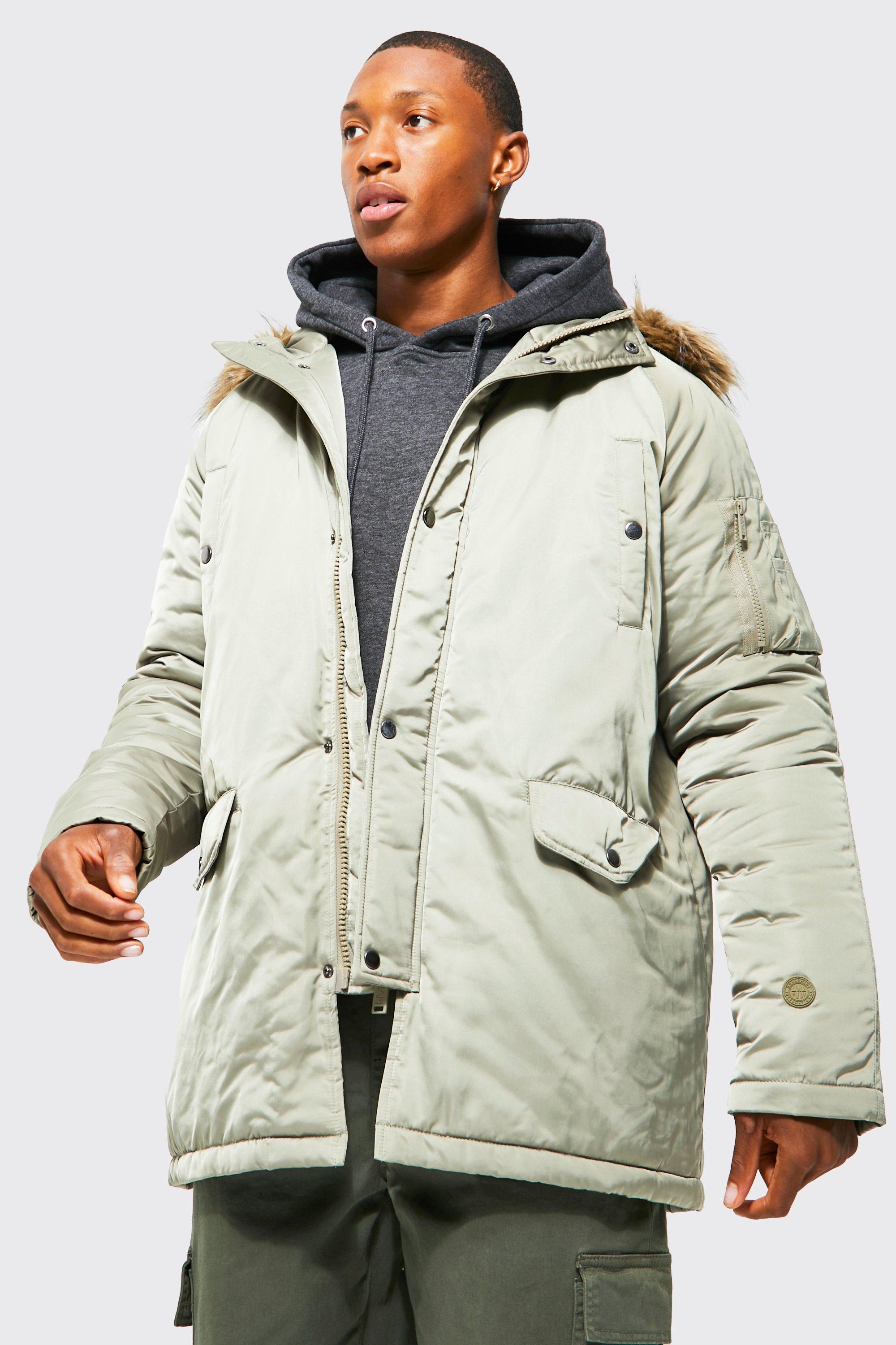 Men's Parka Jacket with Faux Fur Hood