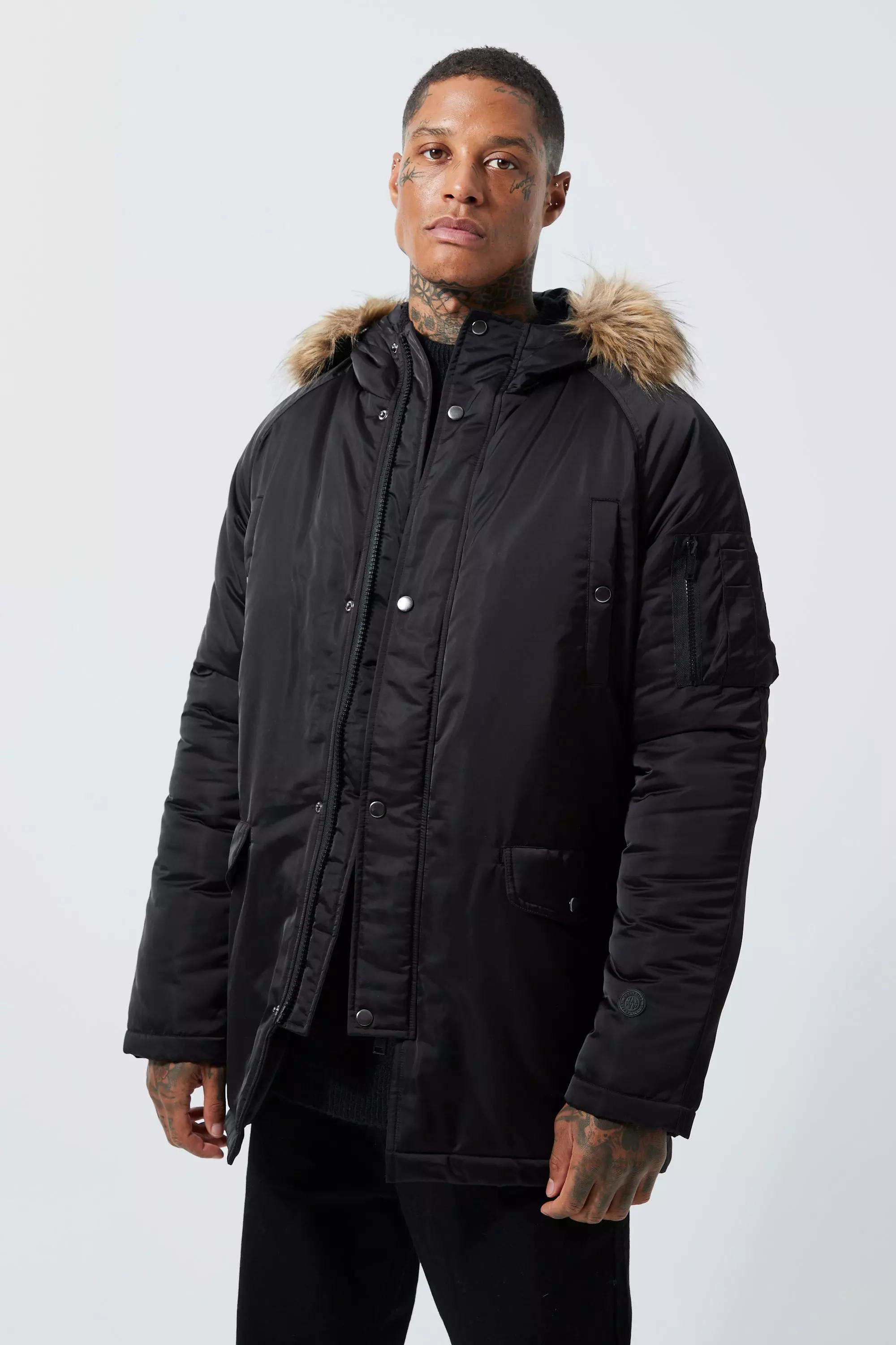 Black Satin Rouched Parka With Faux Fur Trim Hood