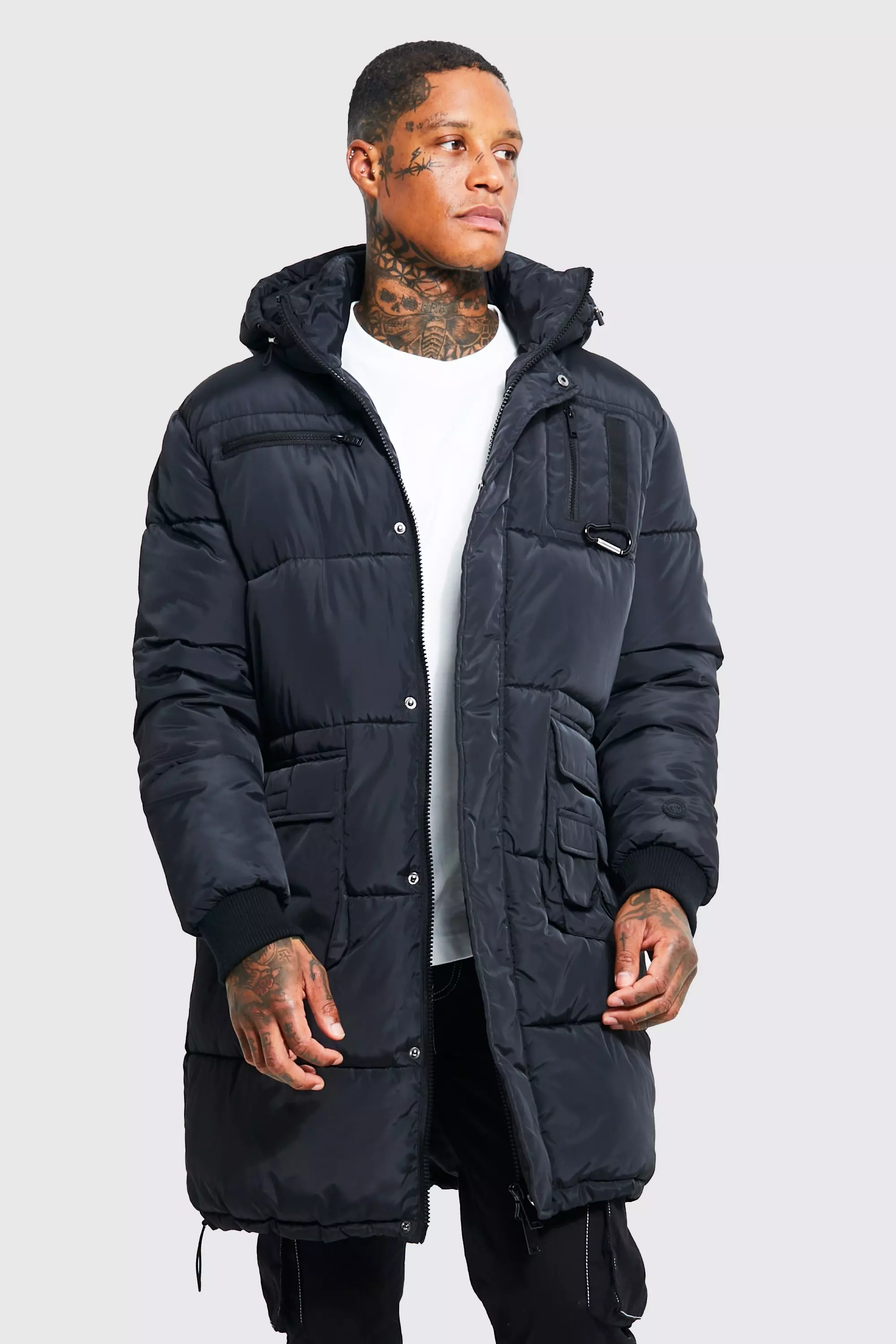 Utility Trim Padded Longline Parka Black