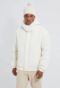 Ecru White Diamond Quilted Hooded Puffer