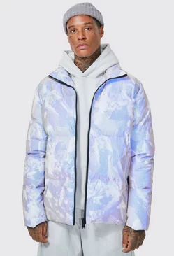 Mountain Reflective Print Funnel Neck Puffer Grey