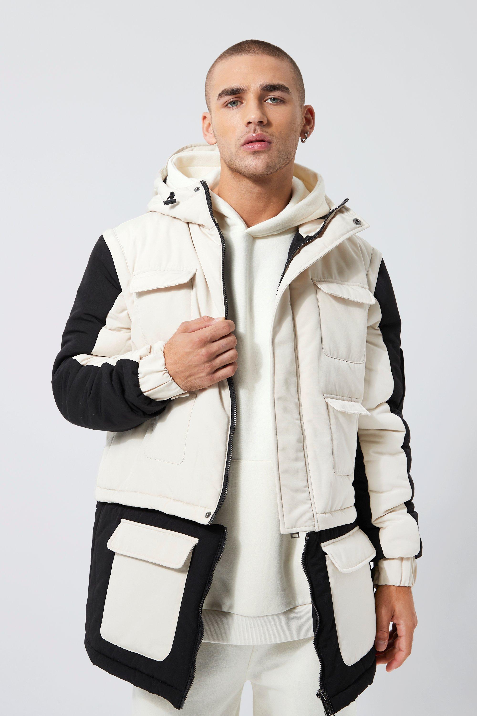 Multi Functional Zip Off Colourblock Parka | boohooMAN USA