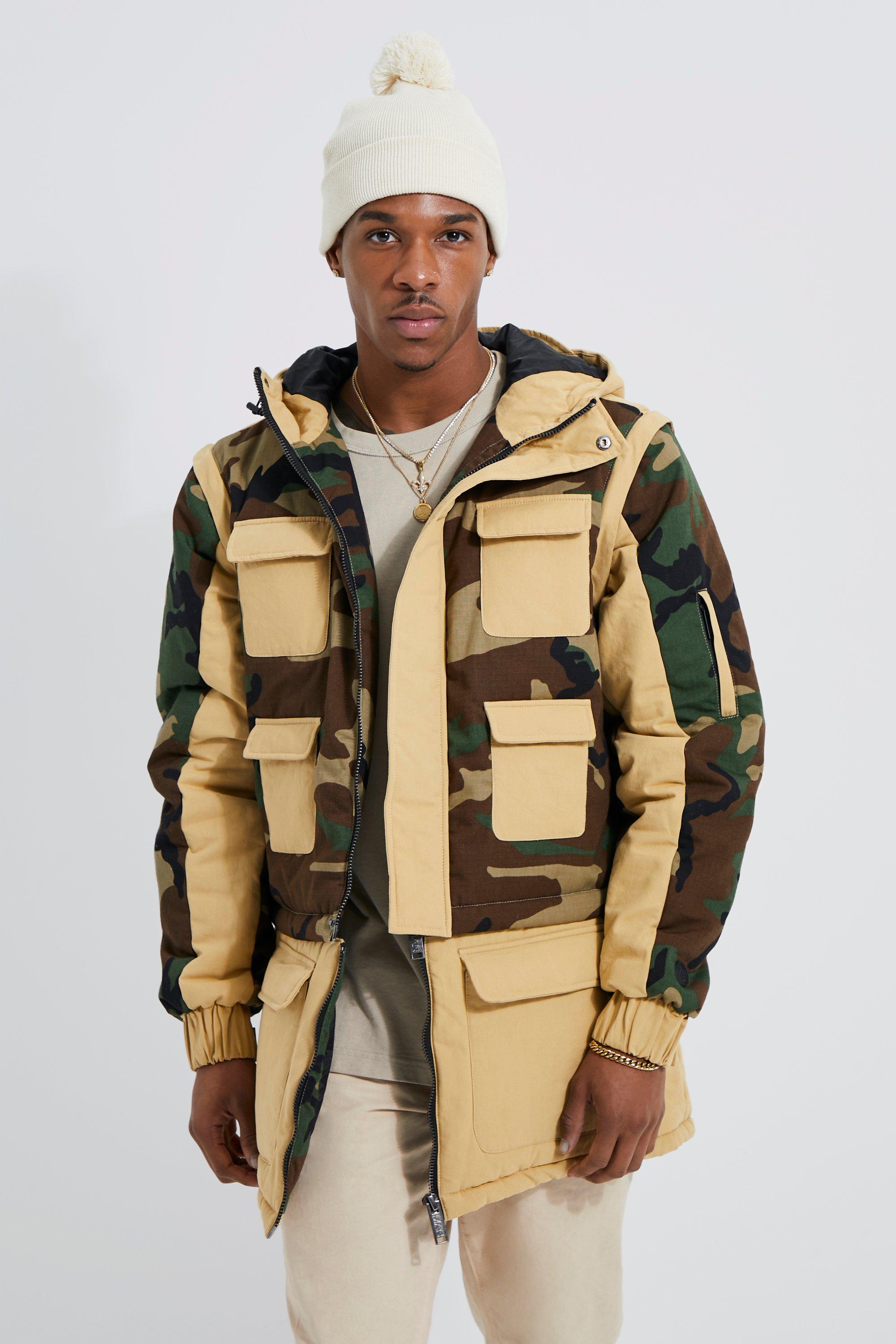 Multi Functional Zip Camo Colourblock Parka | boohooMAN USA