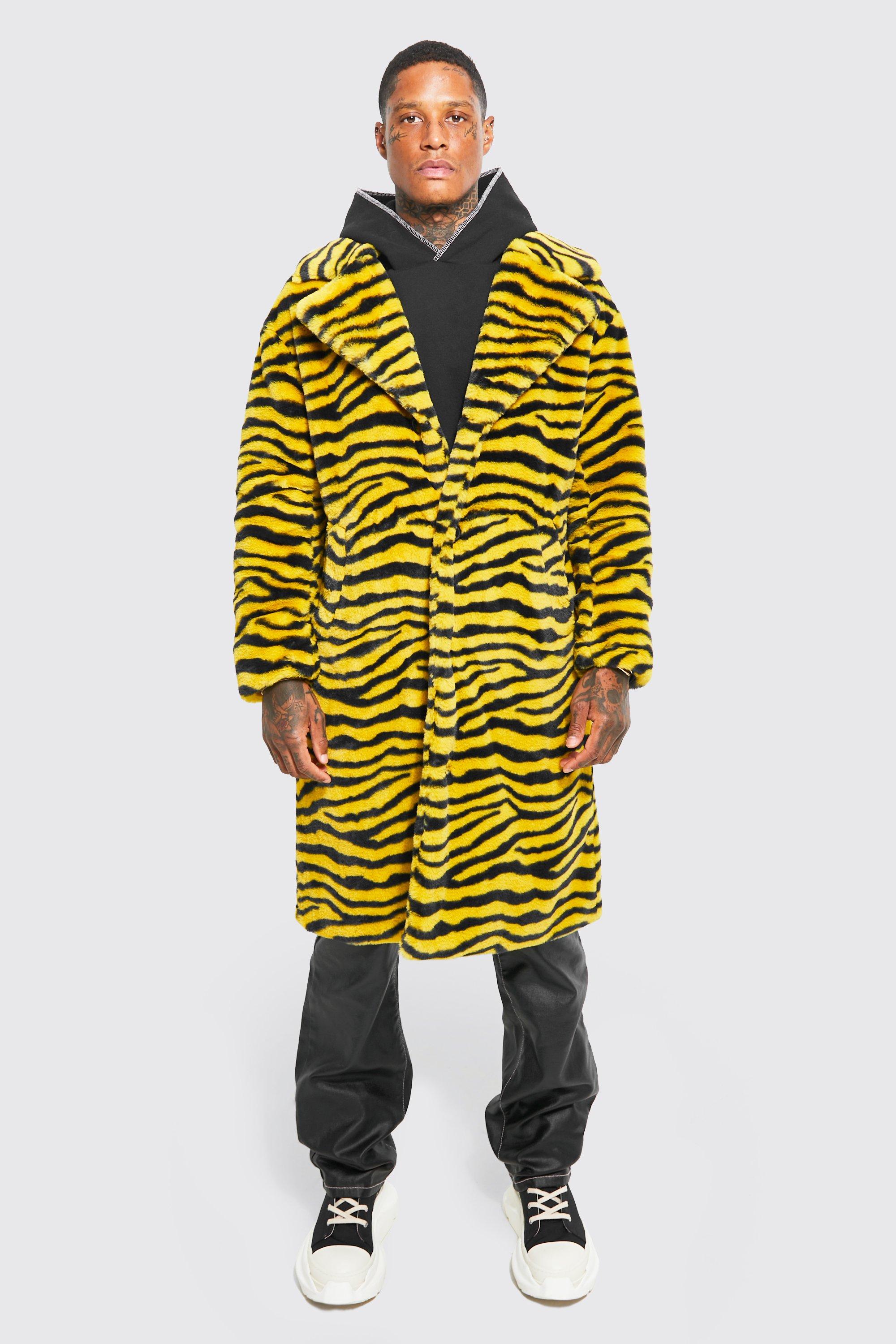 Faux Fur Tiger Print Overcoat | boohooMAN USA