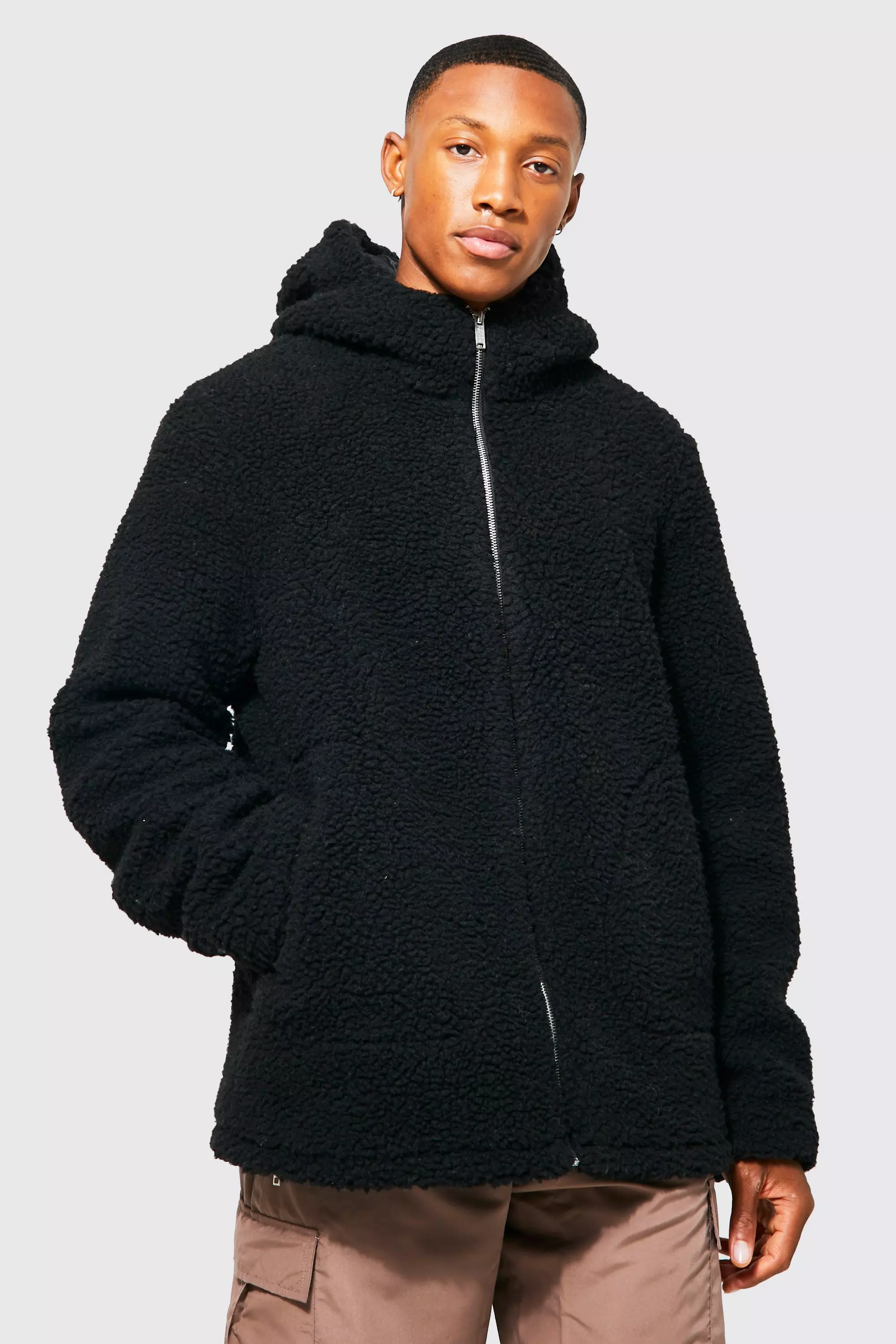 Borg Zip Through Hooded Jacket boohooMAN