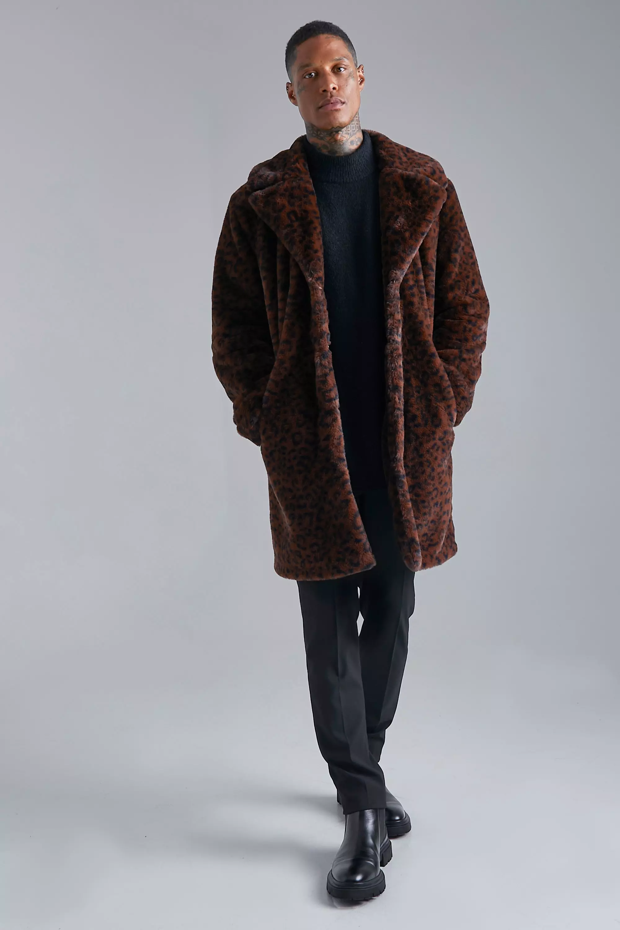 Faux Fur Leopard Print Overcoat boohooMAN AU