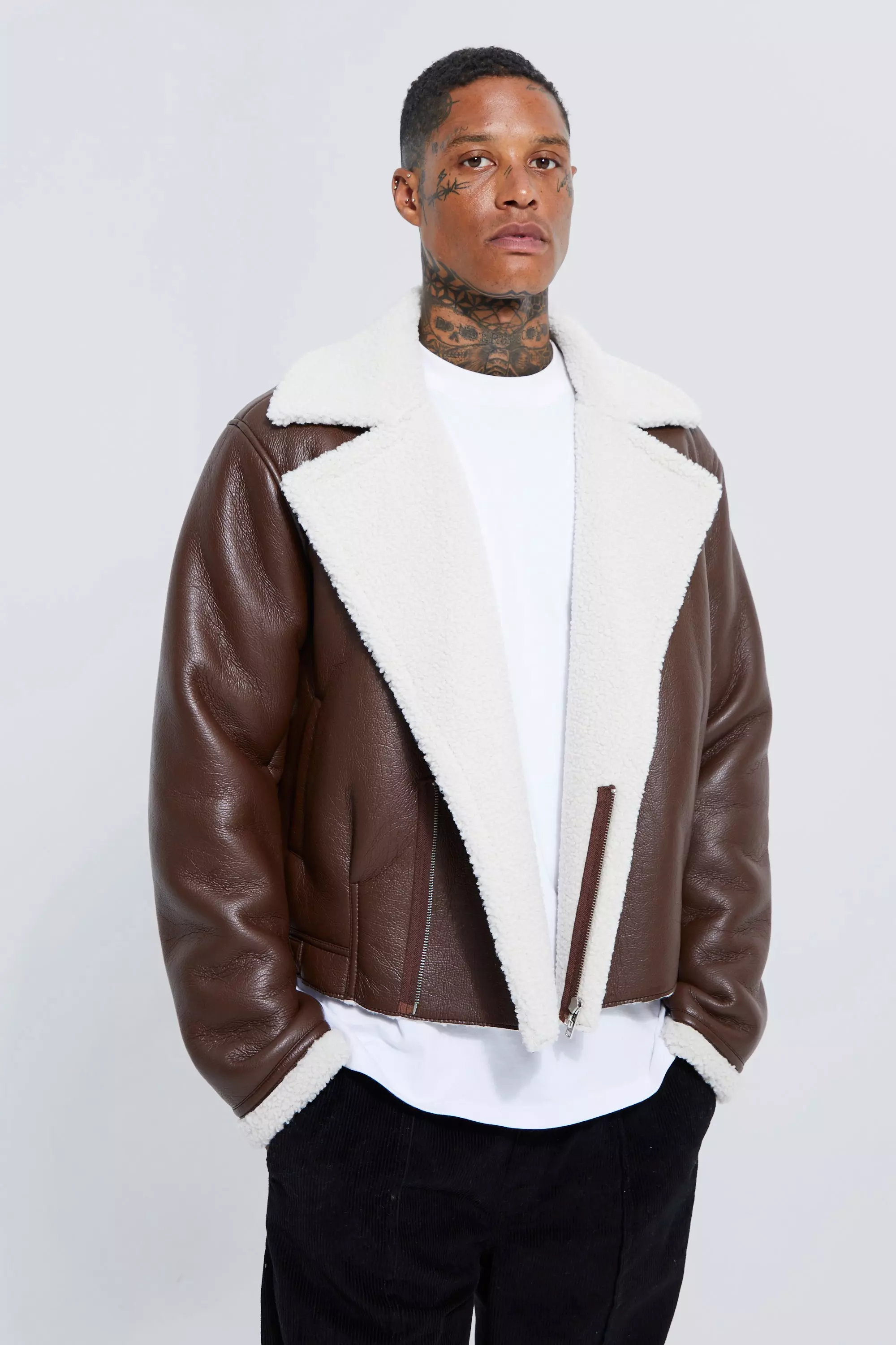 Leather Look Boxy Borg Trim Aviator boohooMAN