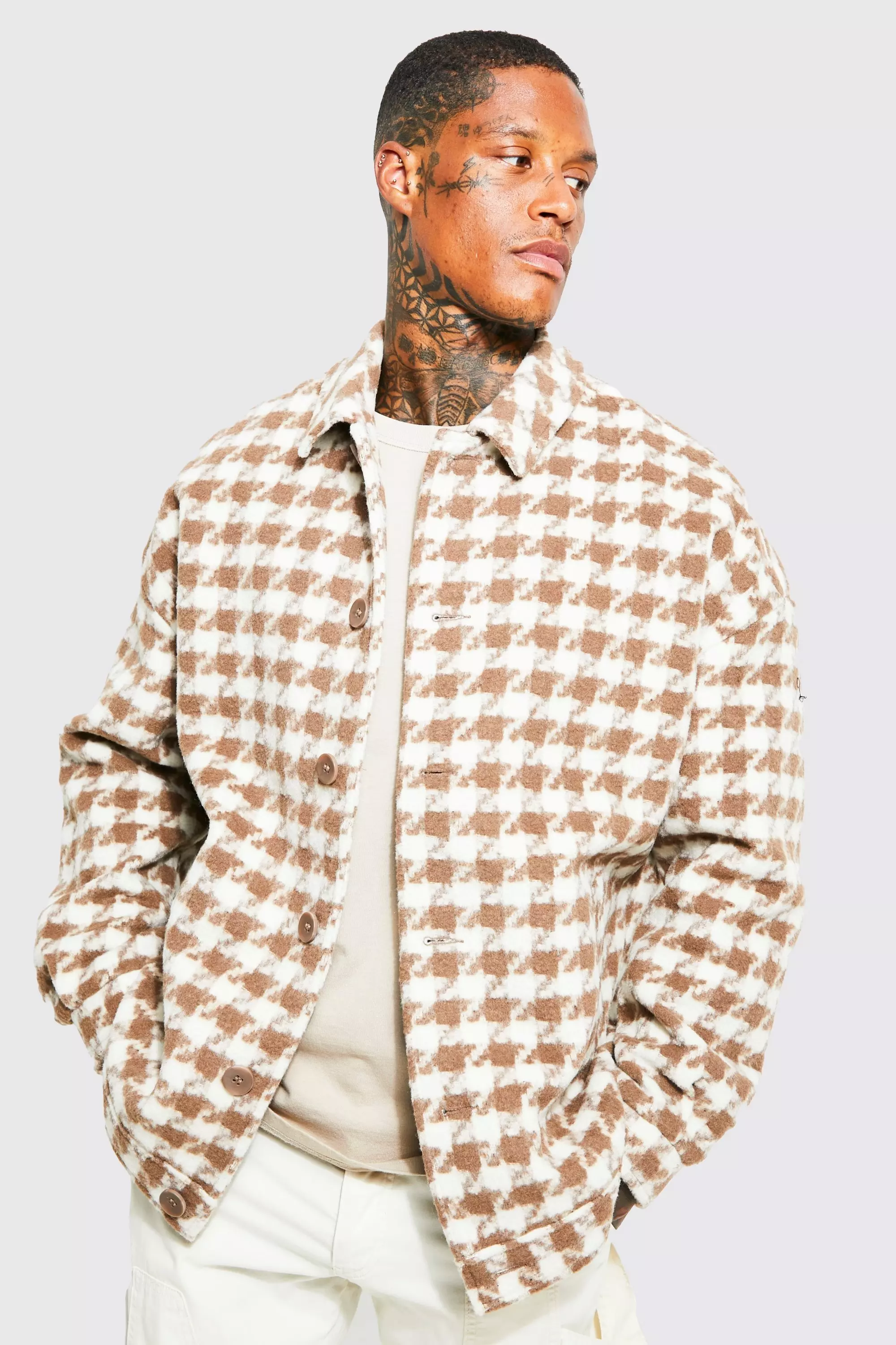 Oversized Wool Look Dogtooth Print Harrington boohooMAN IE