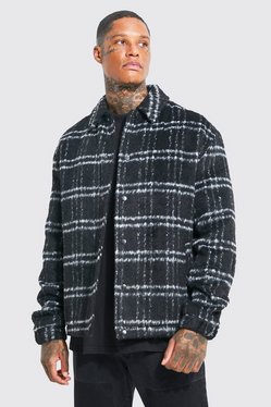 Oversized Wool Look Check Drawcord Coach Jacket | boohooMAN USA