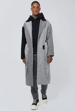 Wool Look Tonal Colourblock Belted Overcoat Grey