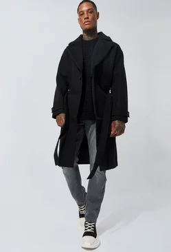 Wool Look Overcoat With Borg Collar Black