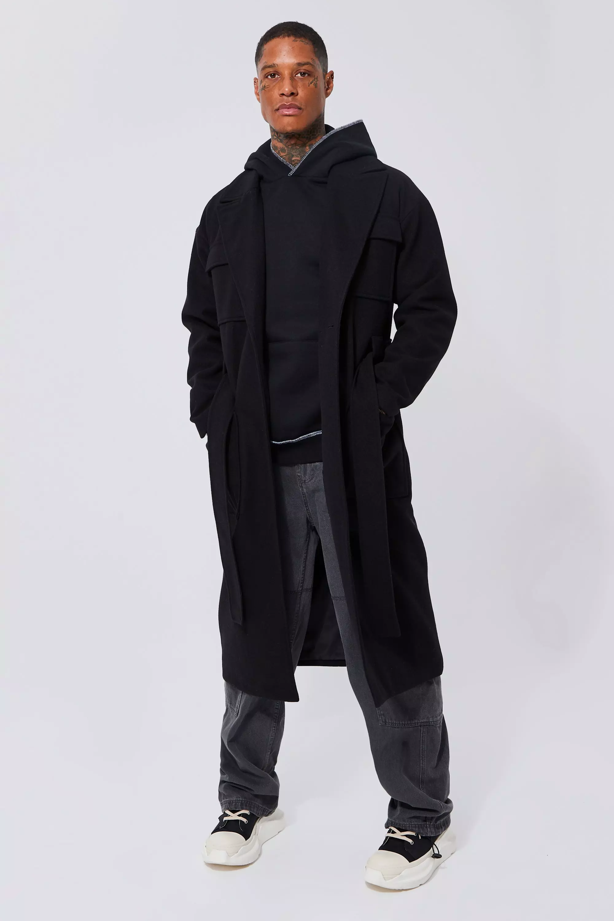 4 Pocket Longline Belted Overcoat boohooMAN UK