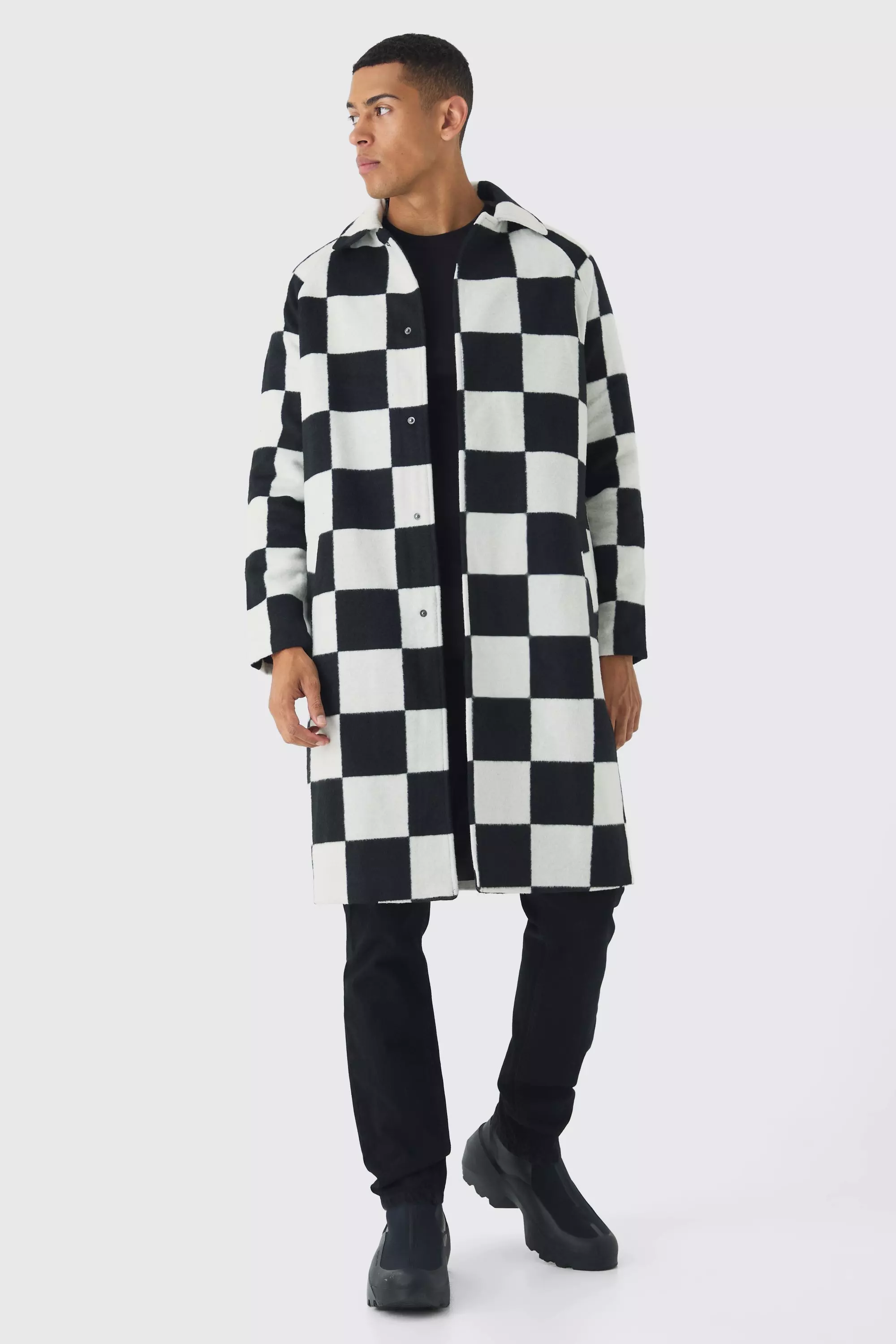 Wool Look Checker Single Breasted Overcoat Black