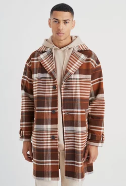 Wool Look Check Single Breasted Overcoat Rust