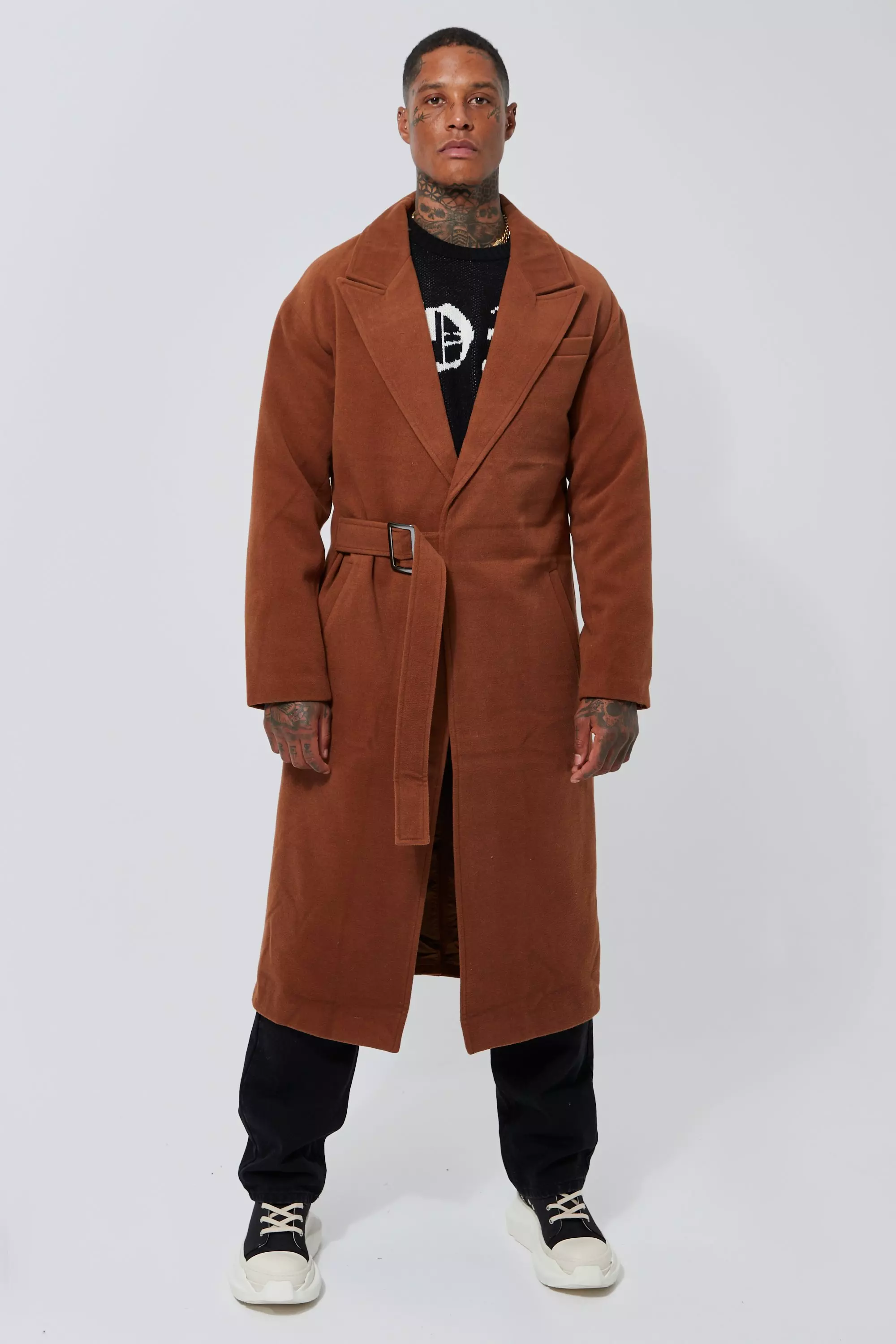 Wool Look Brass Buckle Longline Overcoat boohooMAN UK