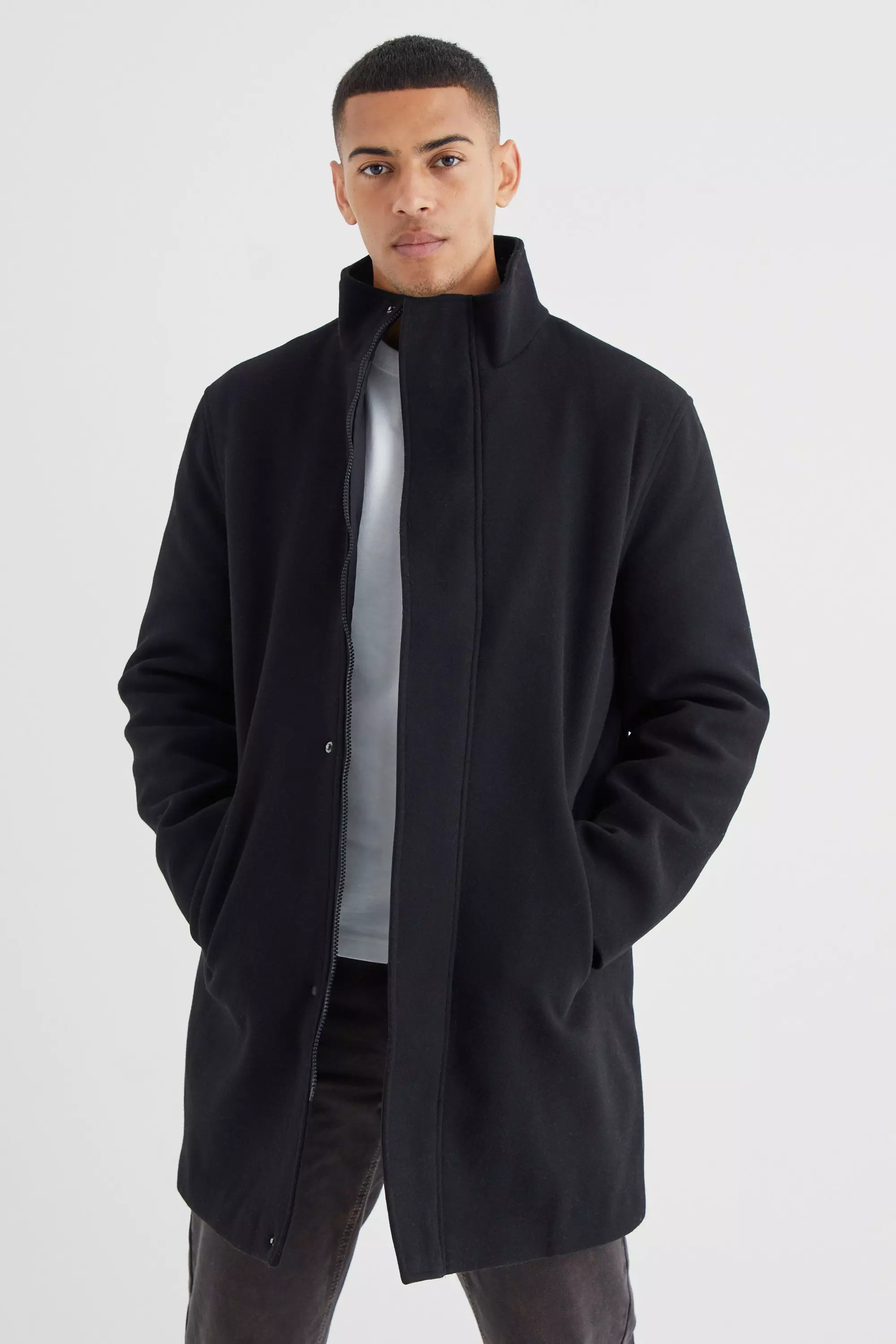 Black Wool Concealed Placket Funnel Neck Jacket