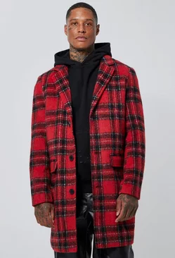 Wool Look Check Single Breasted Overcoat Red