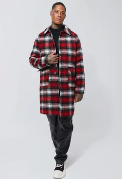Wool Look Check Single Breasted Collard Overcoat Red
