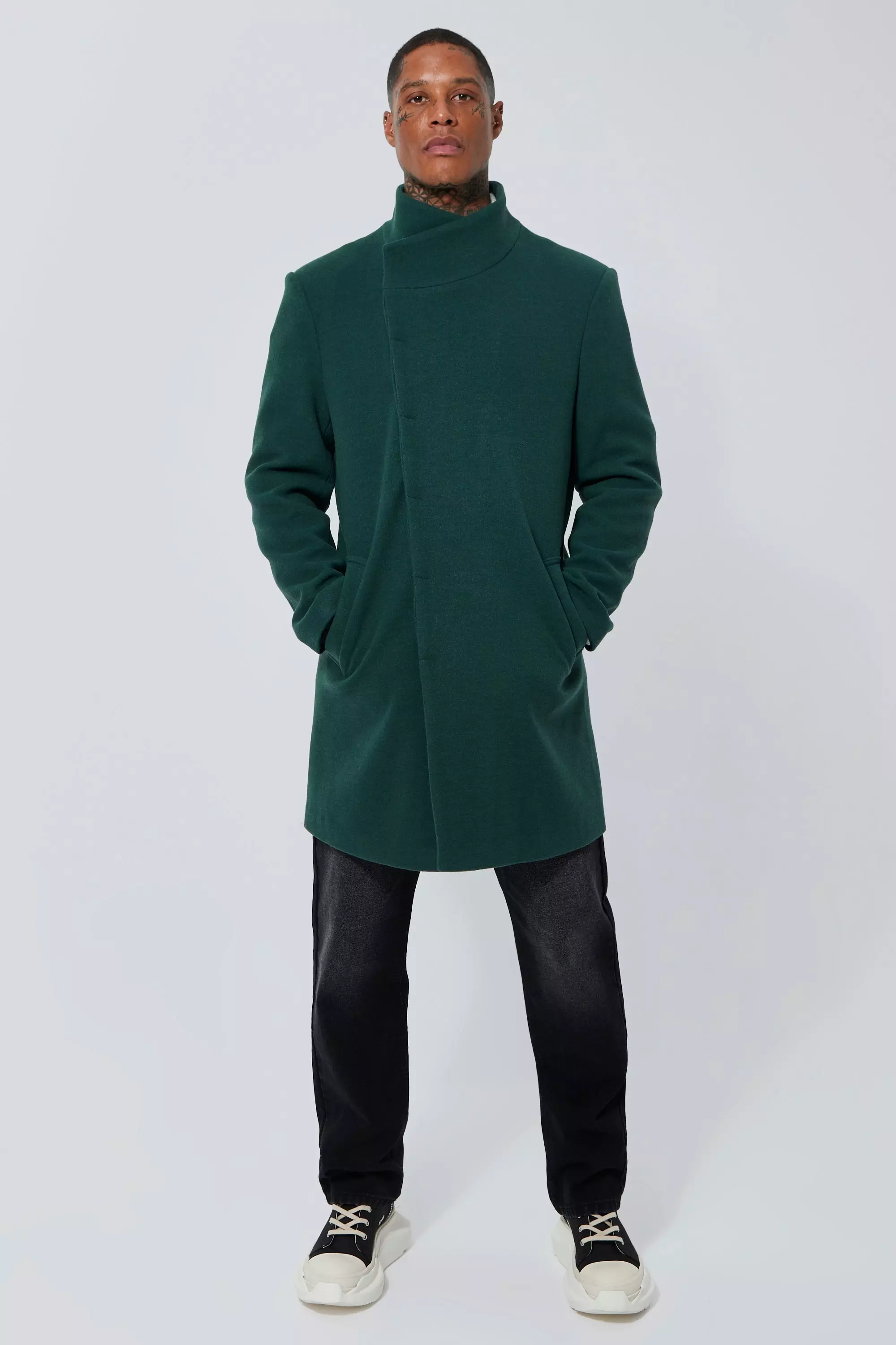 Funnel Neck Wool Look Overcoat Forest