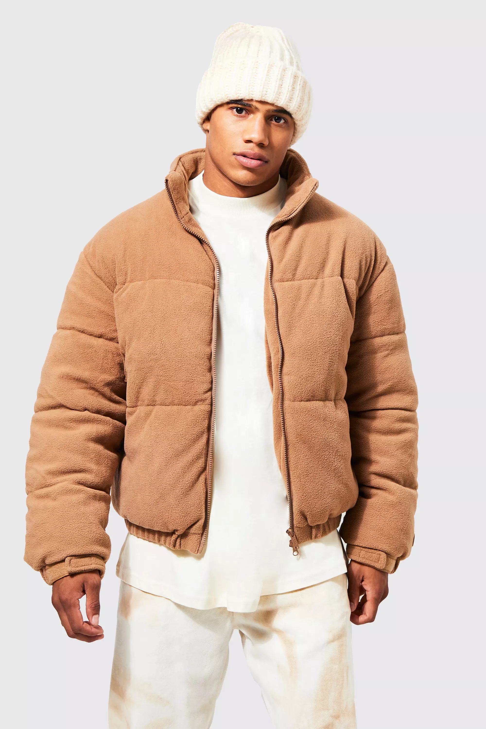 Tan Fleece Boxy Funnel Neck Puffer alternative image