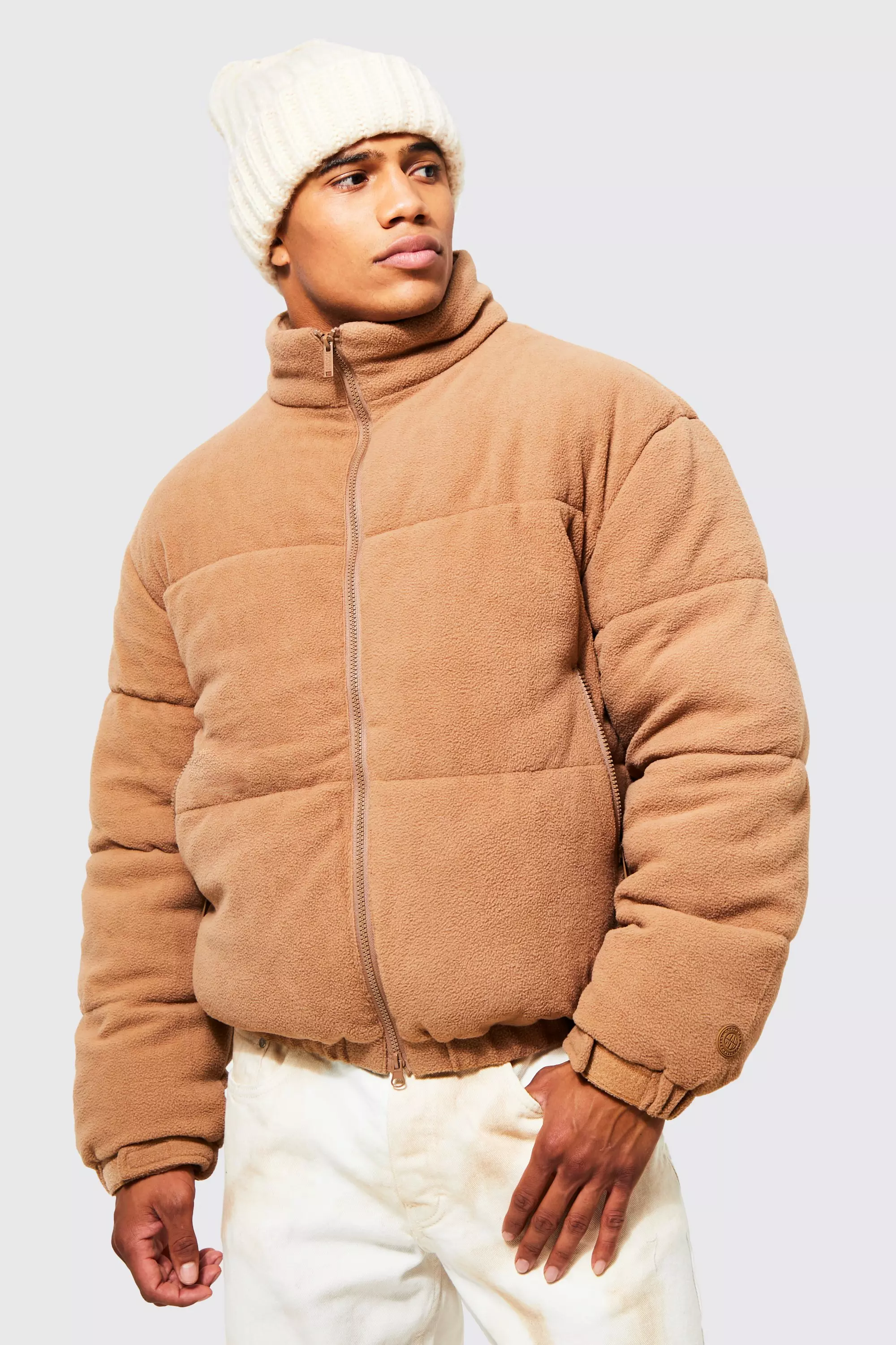 Tan Fleece Boxy Funnel Neck Puffer alternative image