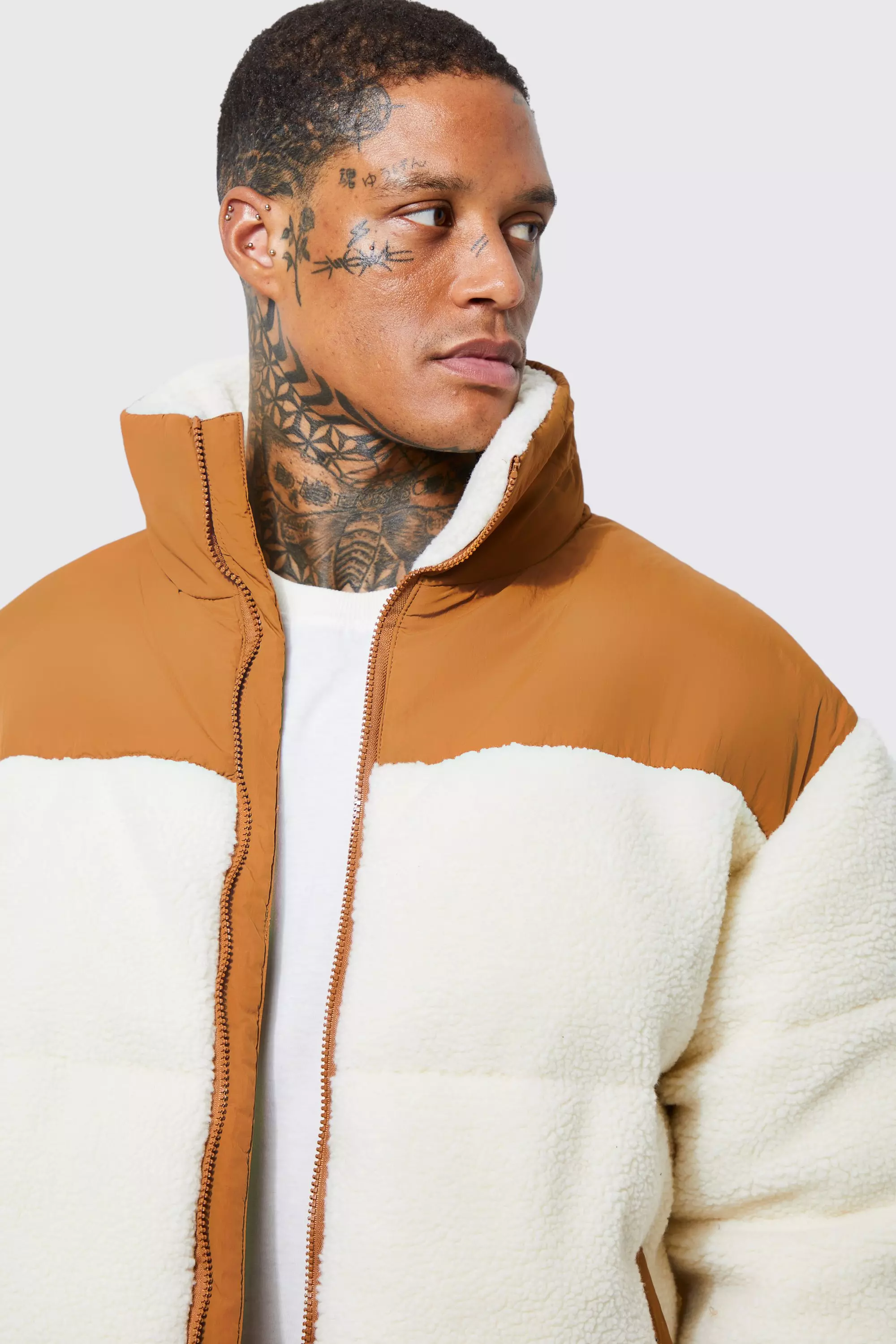 Borg Funnel Contrast Nylon Panel Neck Puffer boohooMAN