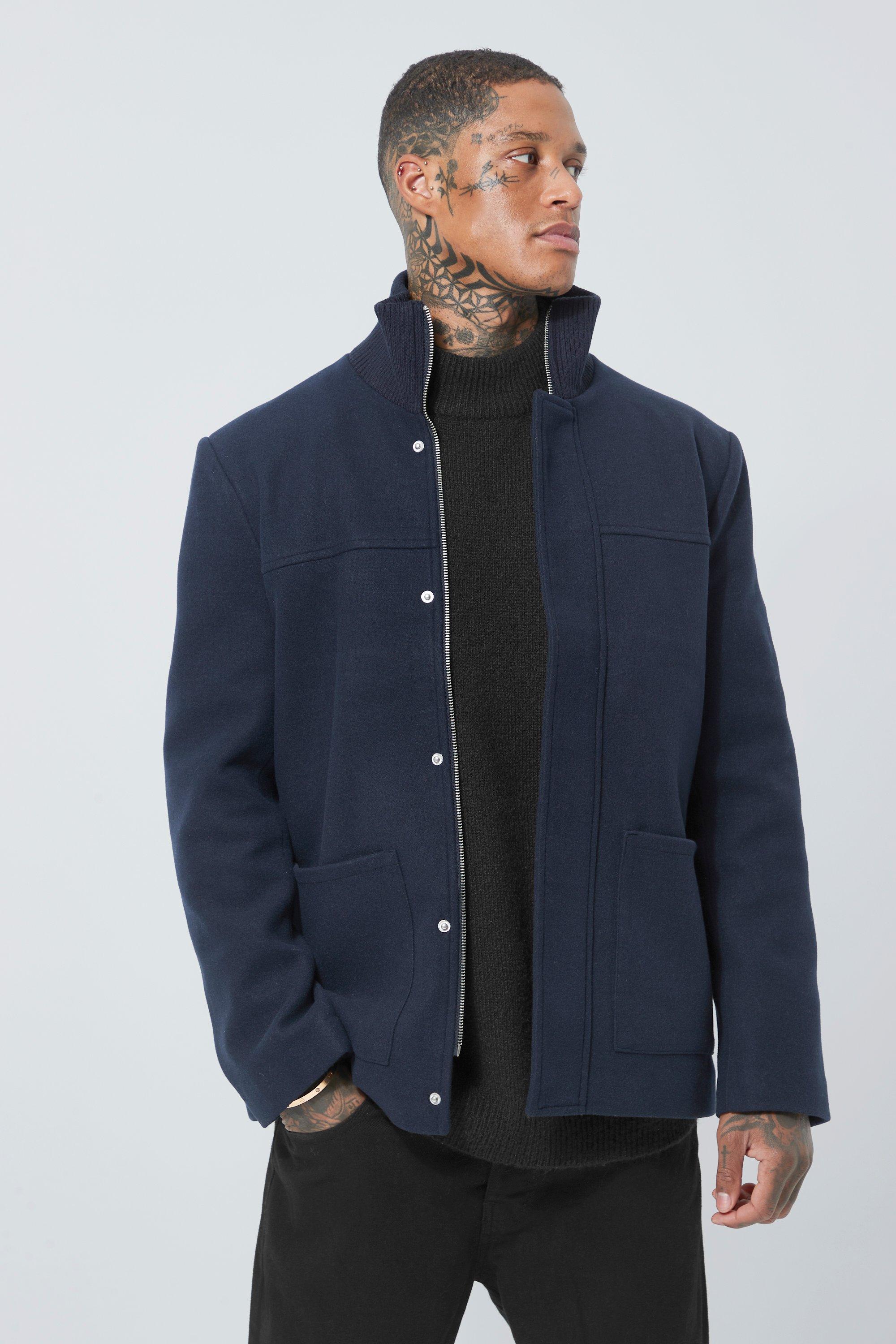 Wool Look Funnel Neck Jacket boohooMAN UK