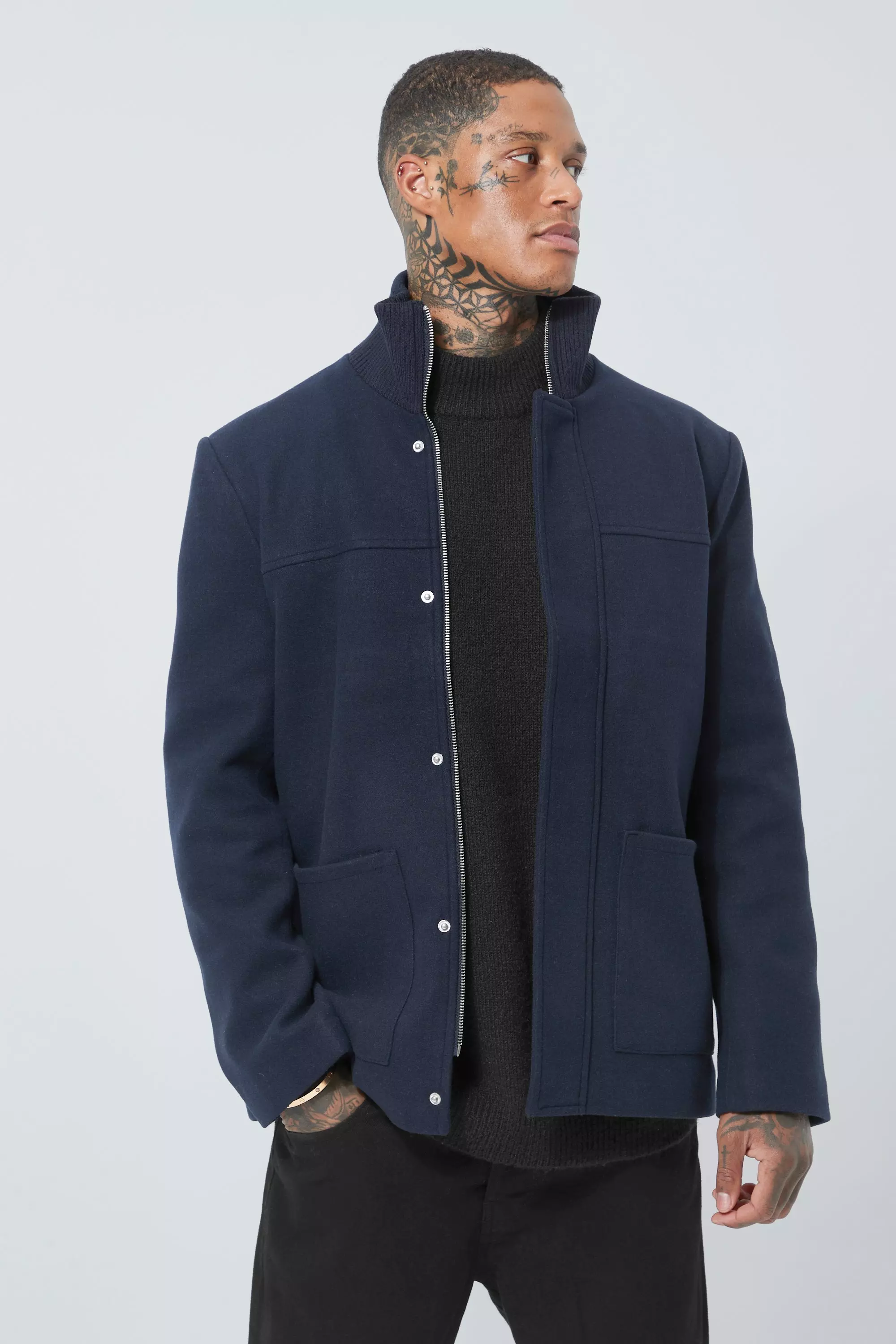 Wool Look Funnel Neck Jacket boohooMAN USA