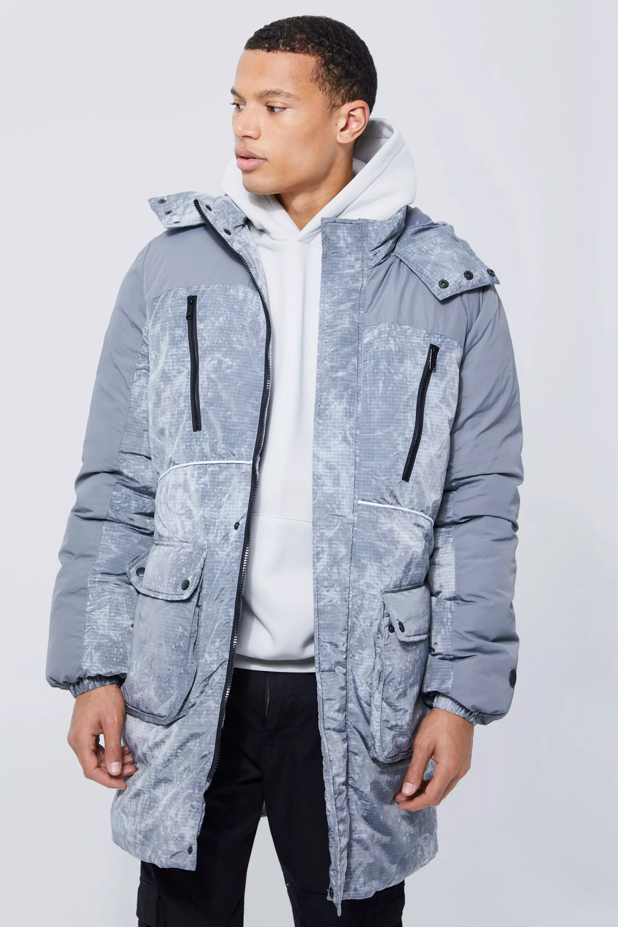 Tall Tie Dye Ripstop Panelled Parka Grey