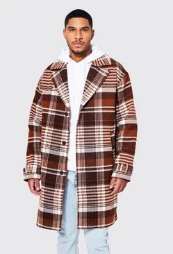 Tall Wool Look Check Single Breasted Overcoat Rust