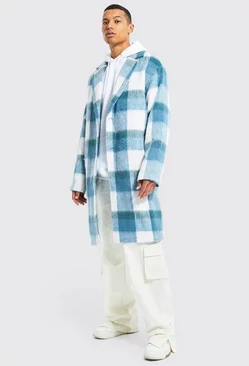 Tall Wool Look Check Mid Length Overcoat Light blue